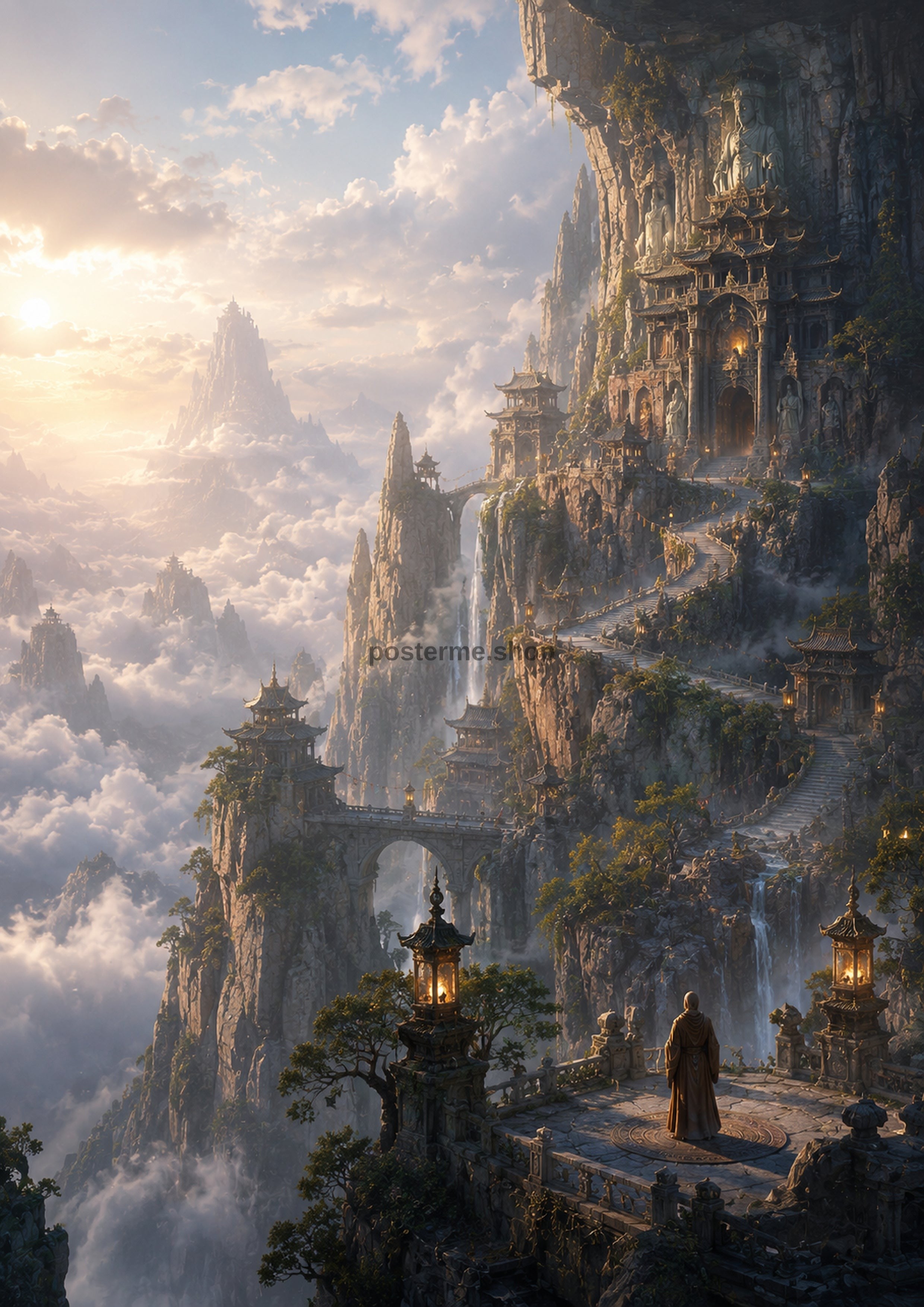 Misty Mountain Temple at Dawn fantasy landscape wall print by PosterMe.shop