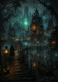 Misty Swamp Village at Dusk fantasy landscape wall print by PosterMe.shop