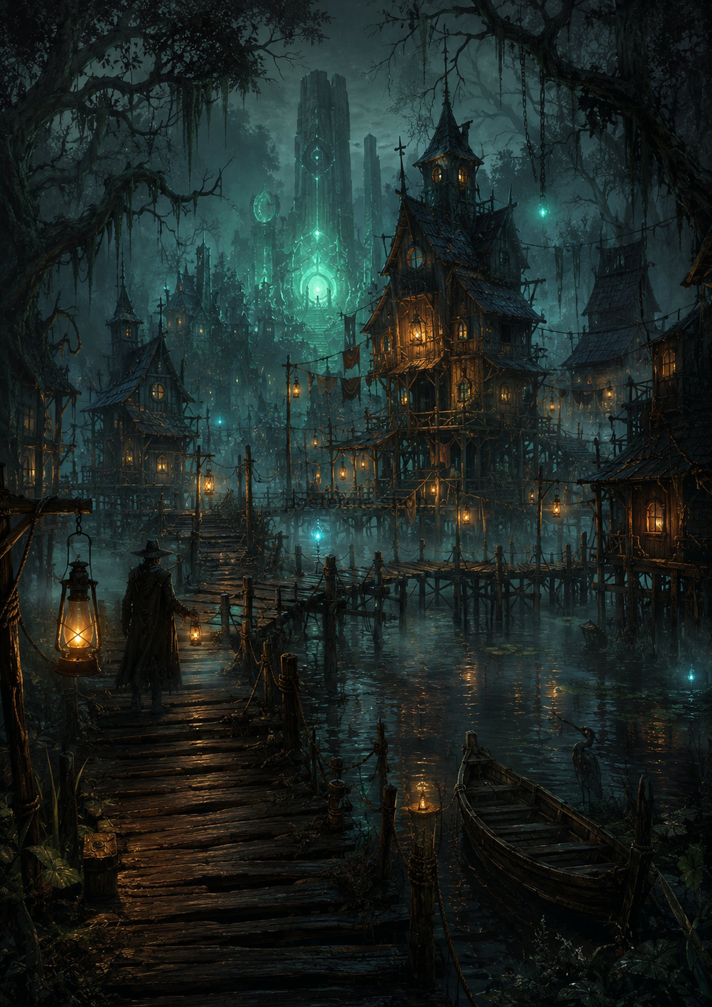 Misty Swamp Village at Dusk fantasy landscape wall print by PosterMe.shop