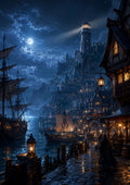 Moonlit Harbor Town at Night fantasy landscape wall print by PosterMe.shop