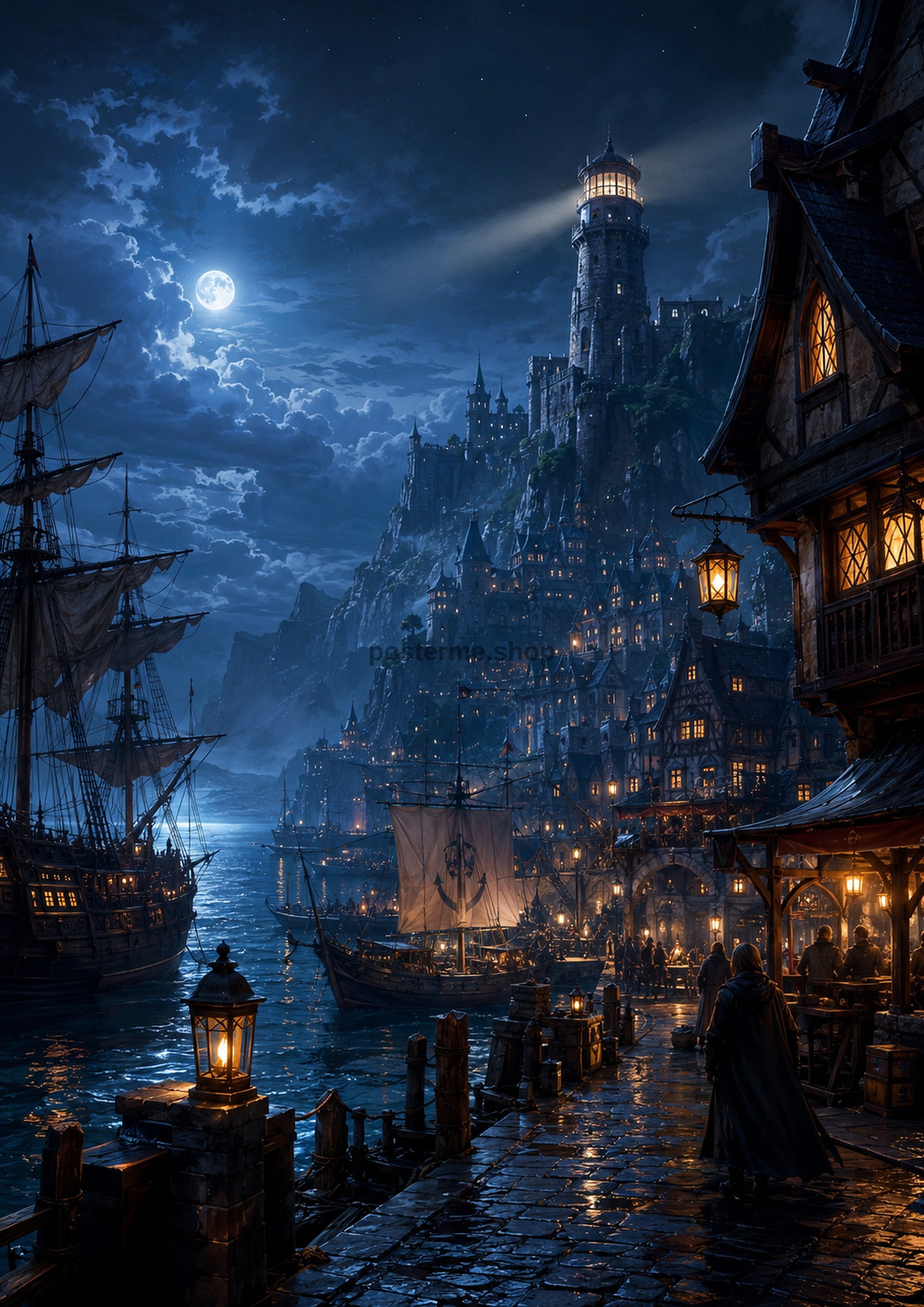 Moonlit Harbor Town at Night fantasy landscape wall print by PosterMe.shop