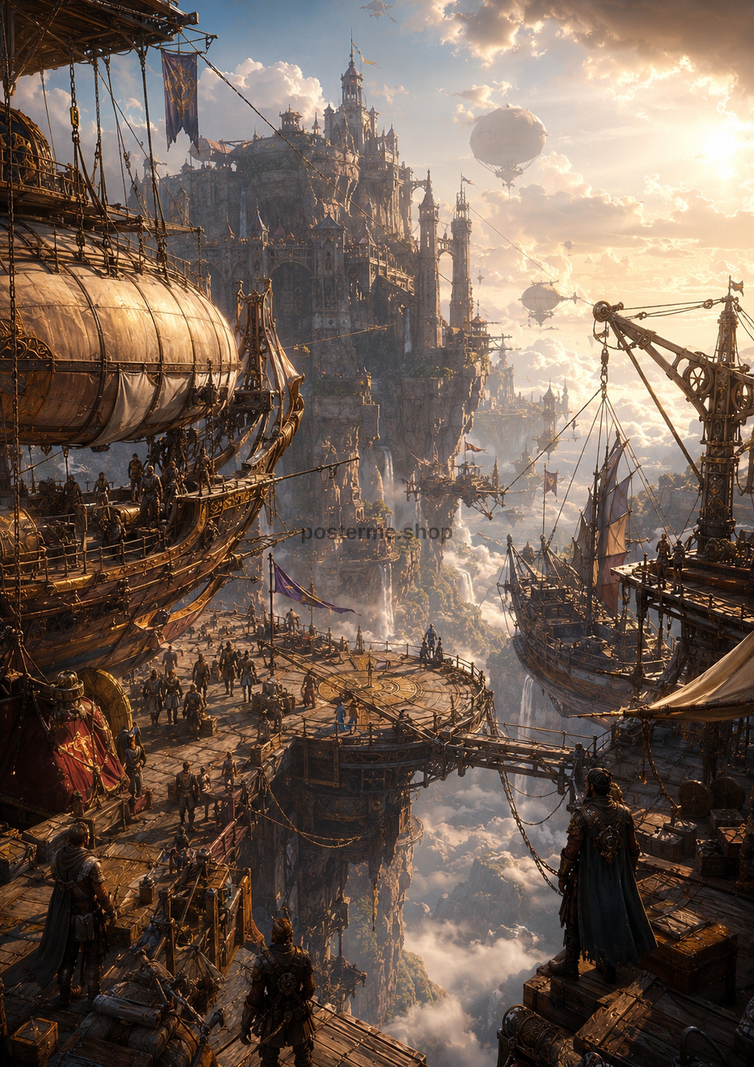 Sunset at the Skyport Harbor fantasy landscape wall print by PosterMe.shop