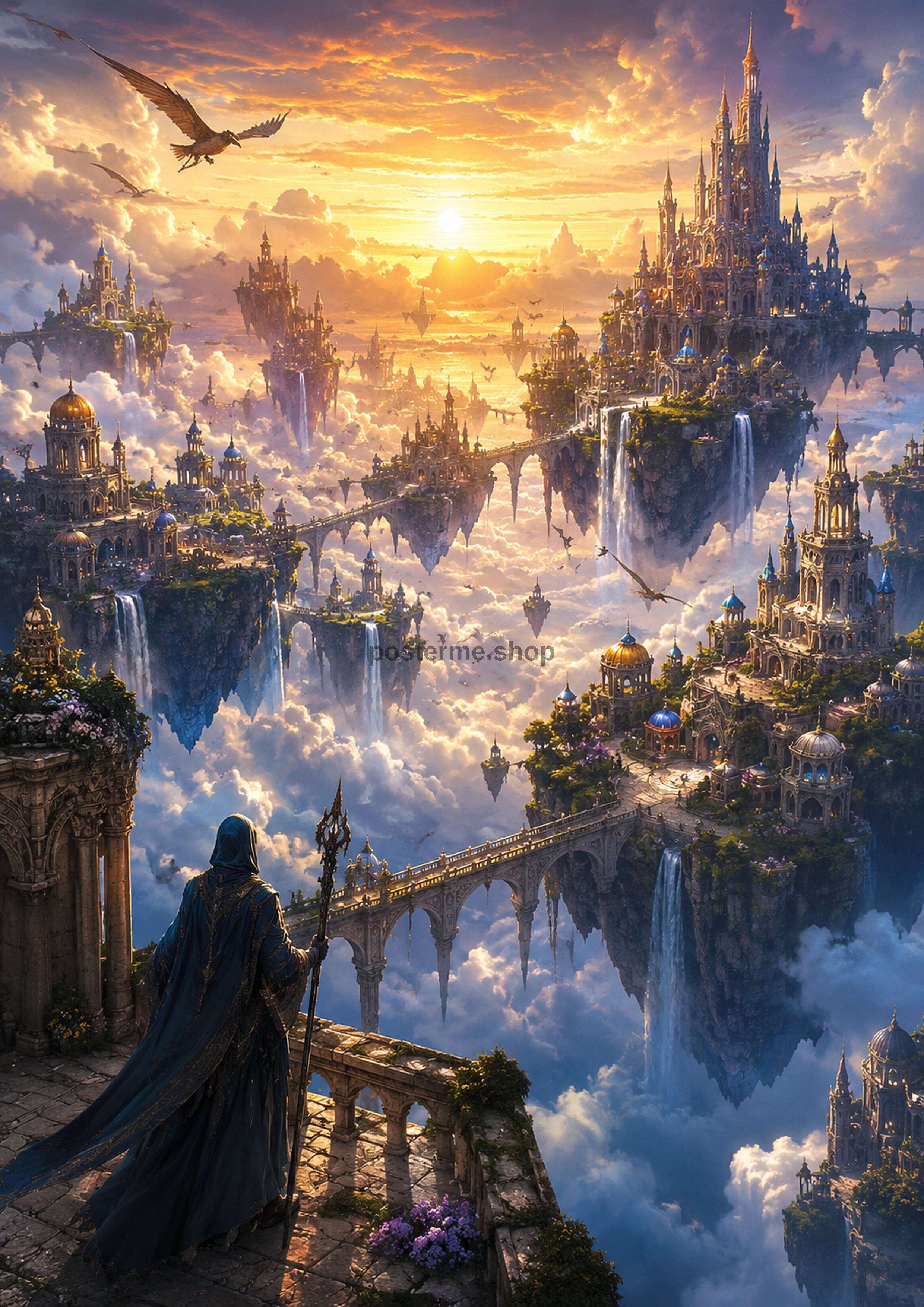 The Mage's Watch Over the Floating Kingdoms fantasy landscape wall print by PosterMe.shop