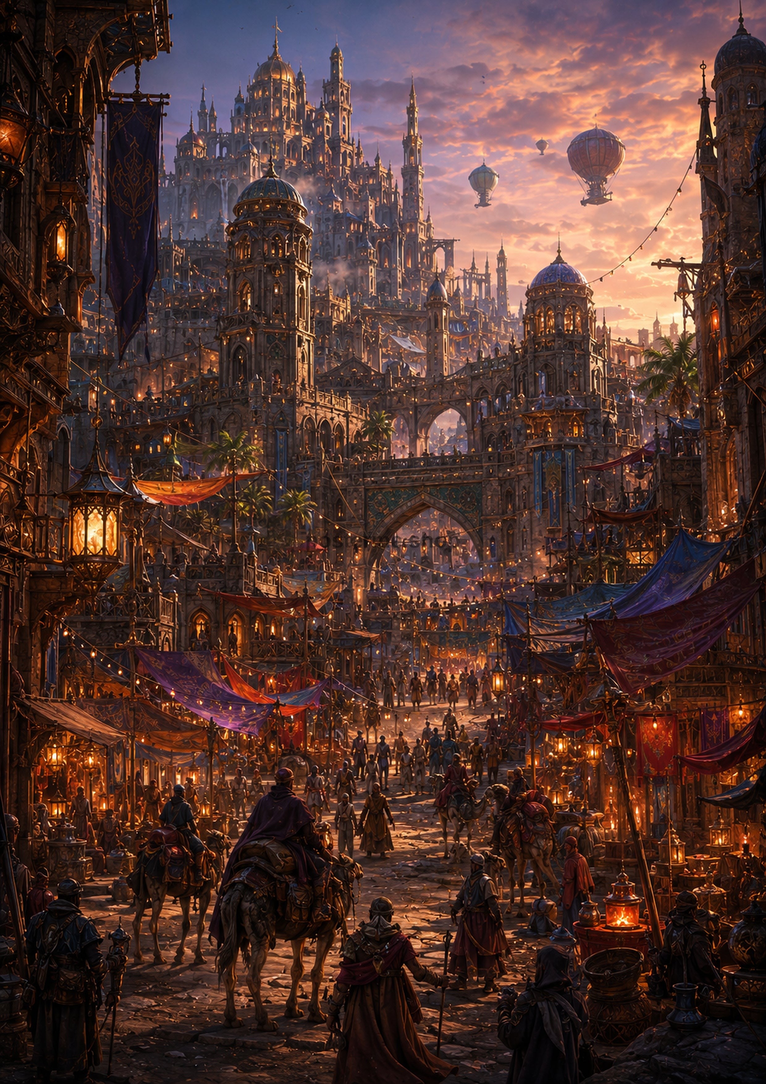 Twilight Bazaar in a Fantasy City fantasy landscape wall print by PosterMe.shop