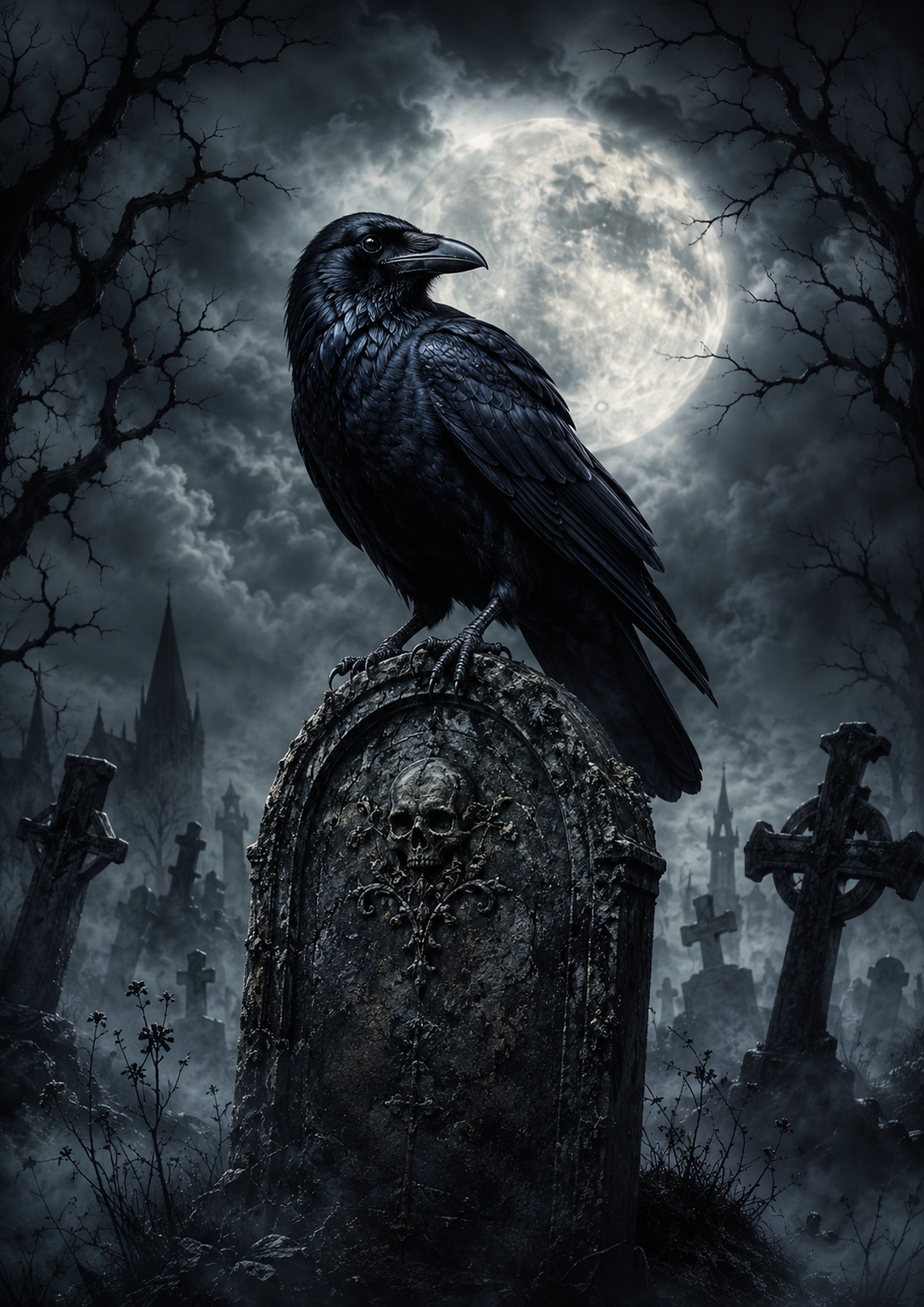The Raven's Watch over the Cemetery Halloween and gothic horror wall print by PosterMe.shop