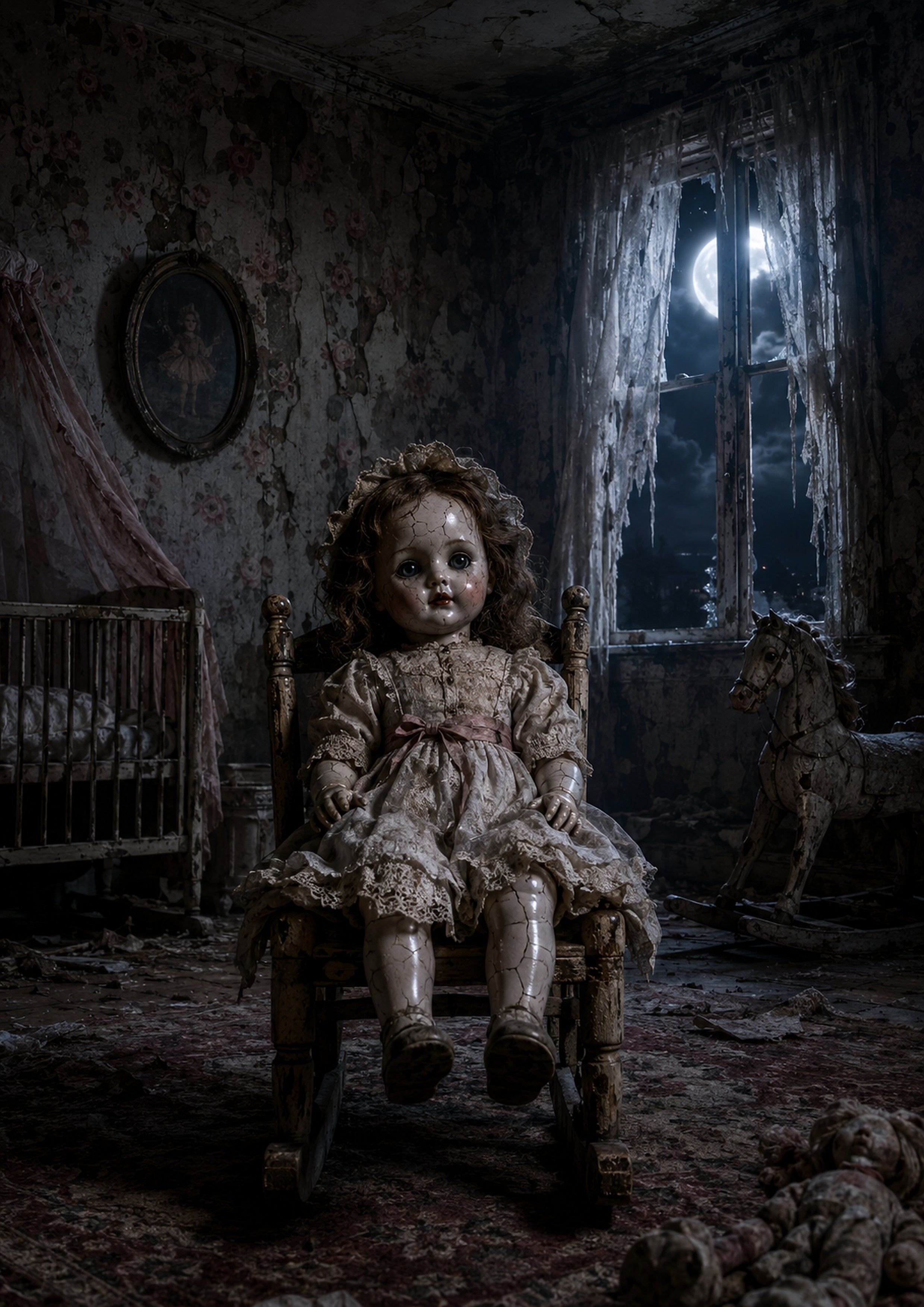 The Porcelain Doll in the Forgotten Nursery Halloween and gothic horror wall print by PosterMe.shop