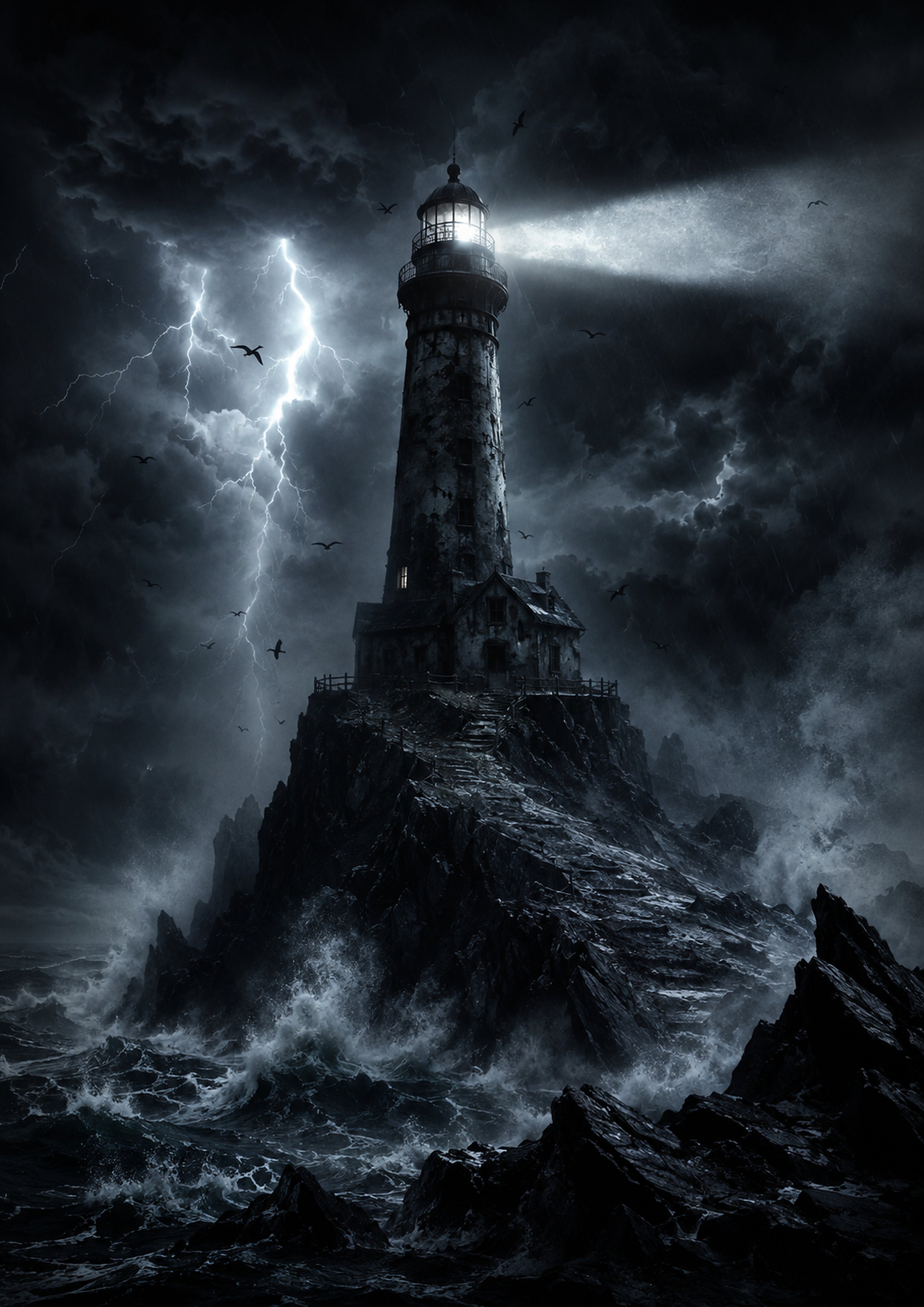 The Lighthouse in the Black Tempest Halloween and gothic horror wall print by PosterMe.shop