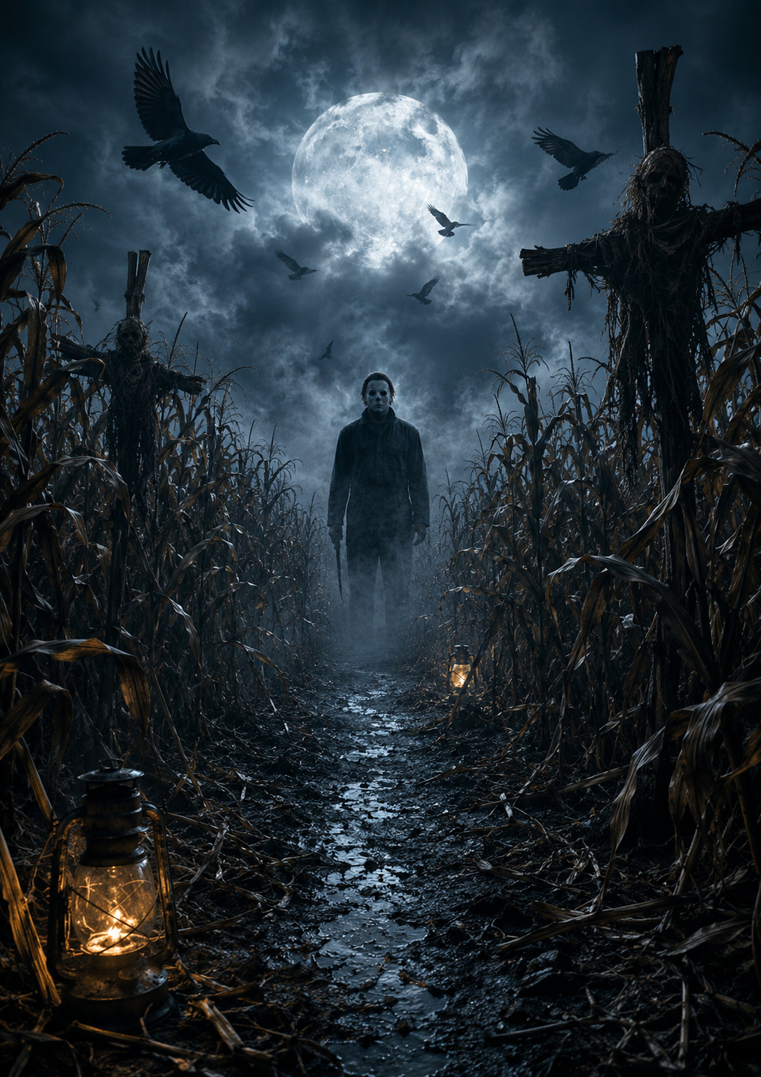 The Masked Stranger in the Corn Maze Halloween and gothic horror wall print by PosterMe.shop