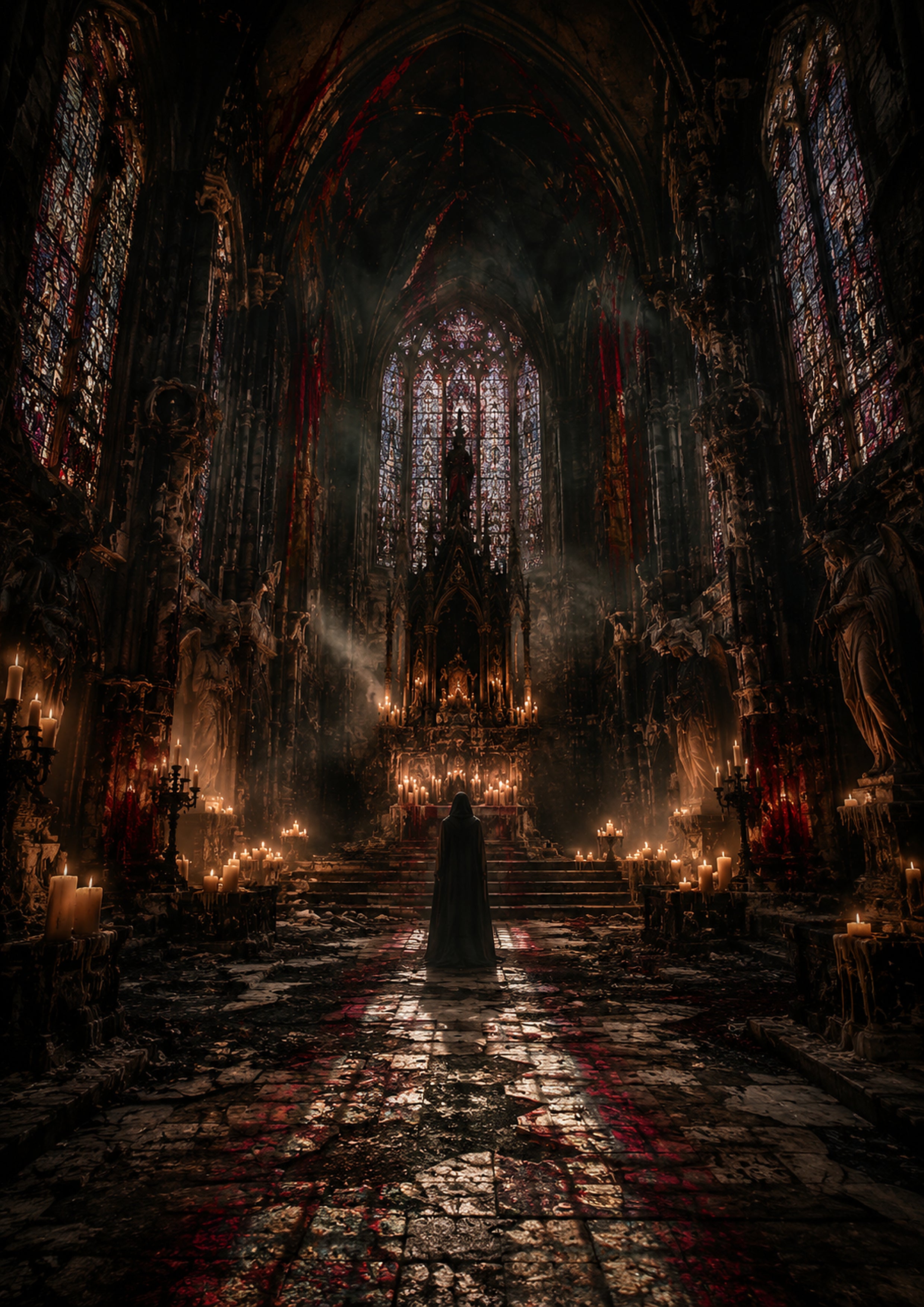 The Hooded Witness in the Ruined Cathedral Halloween and gothic horror wall print by PosterMe.shop