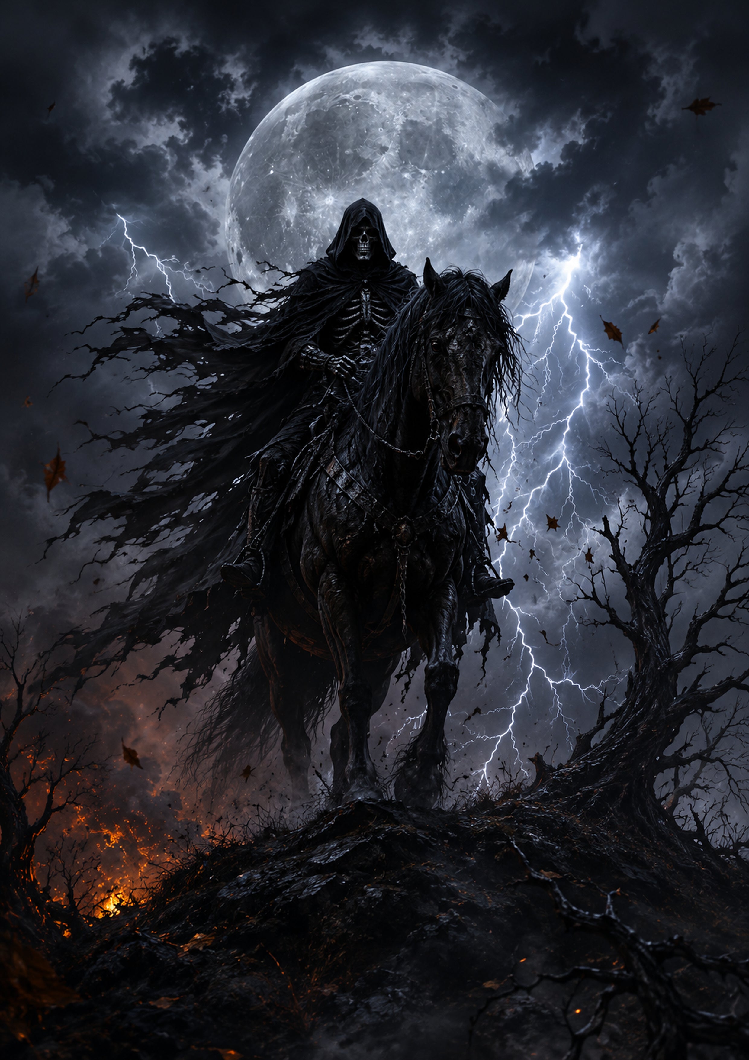 The Skeleton Rider of the Thunder Moon Halloween and gothic horror wall print by PosterMe.shop