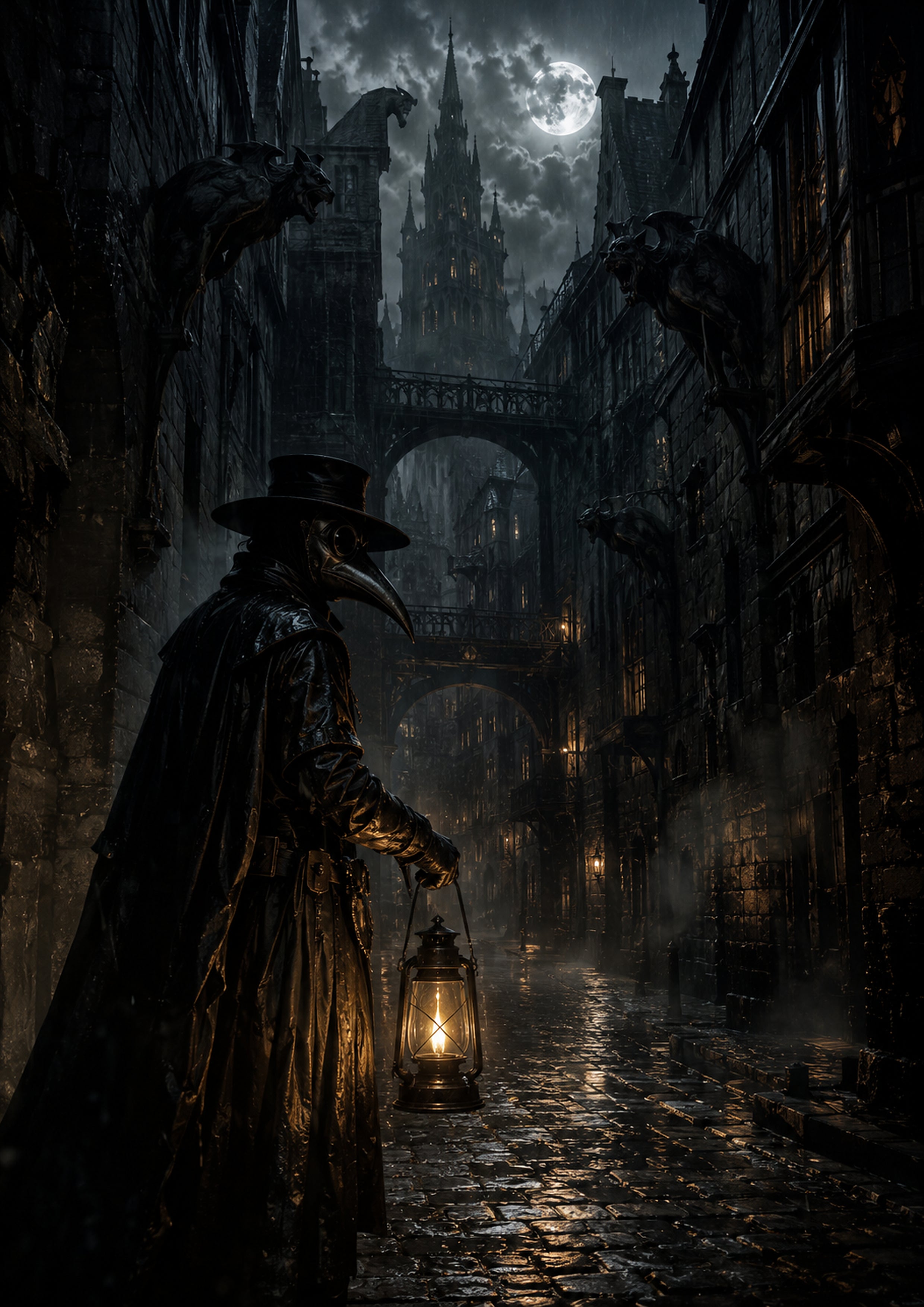 The Stranger in the Rain-Slicked Quarter Halloween and gothic horror wall print by PosterMe.shop