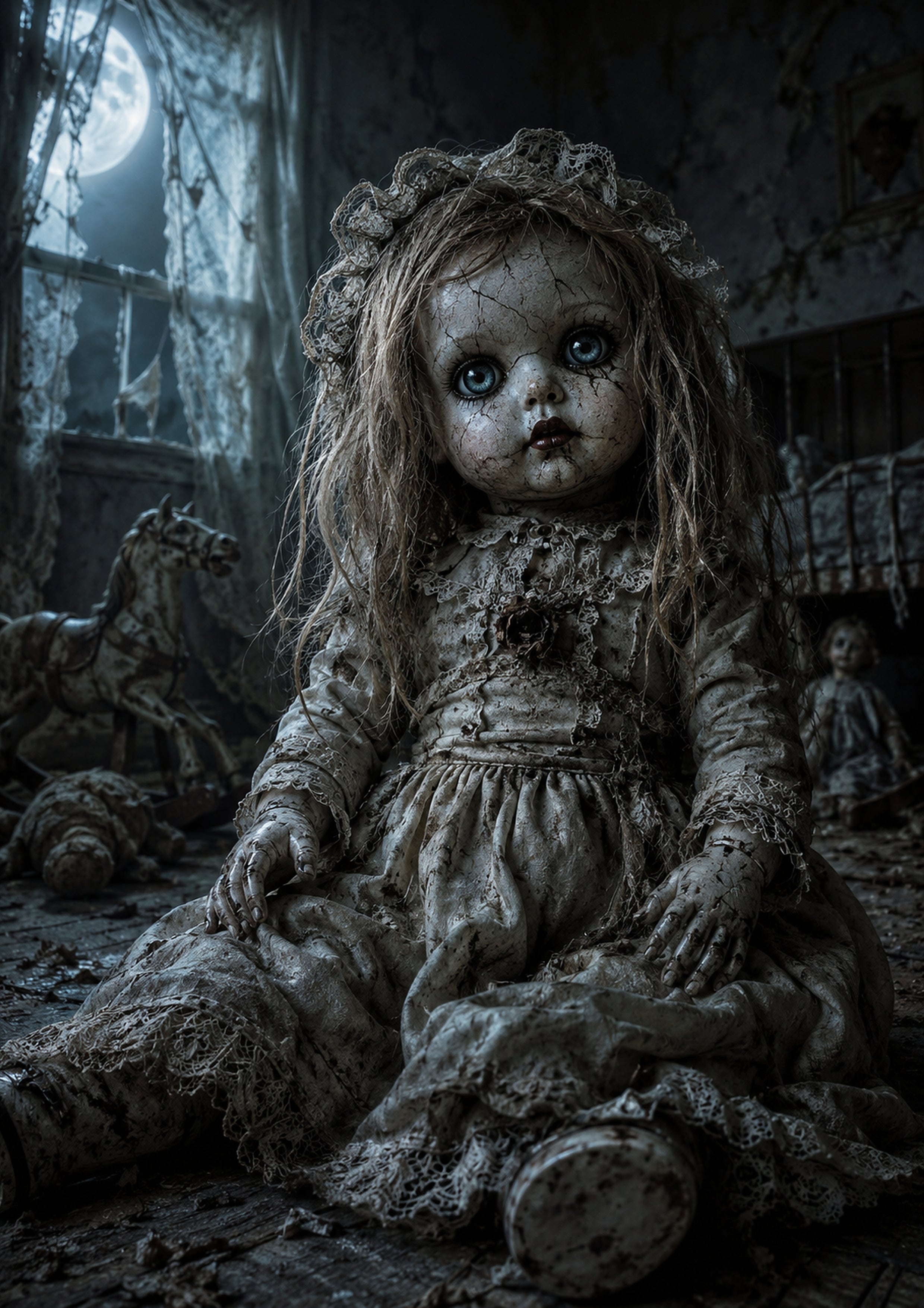 The Cracked Doll in the Moonlit Attic Halloween and gothic horror wall print by PosterMe.shop
