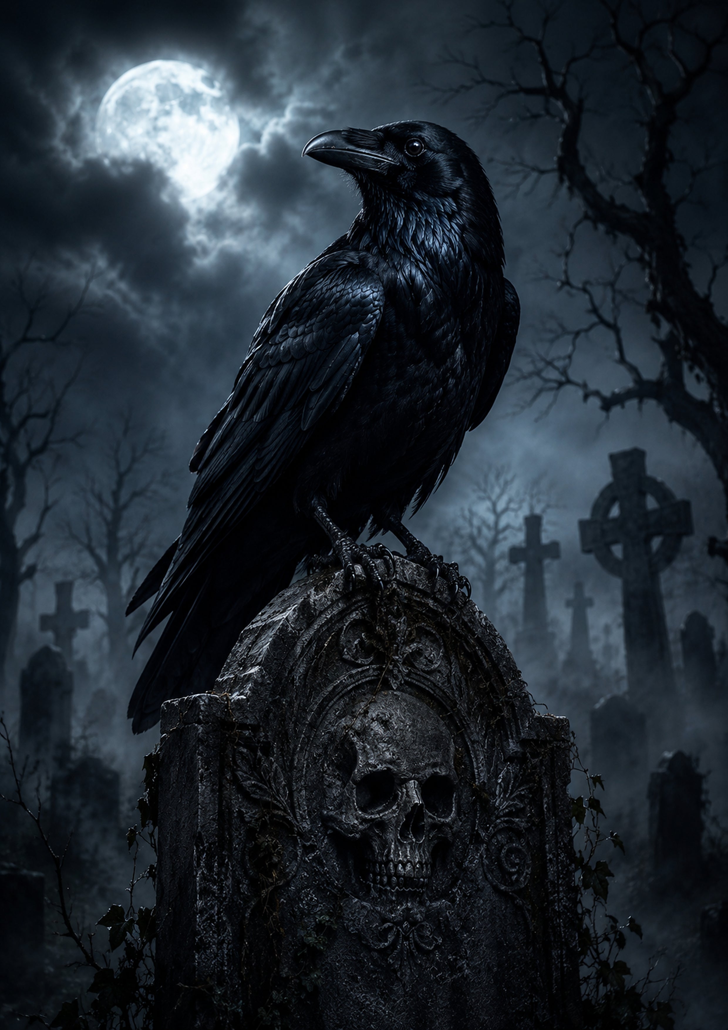 The Raven above the Skullstone Halloween and gothic horror wall print by PosterMe.shop