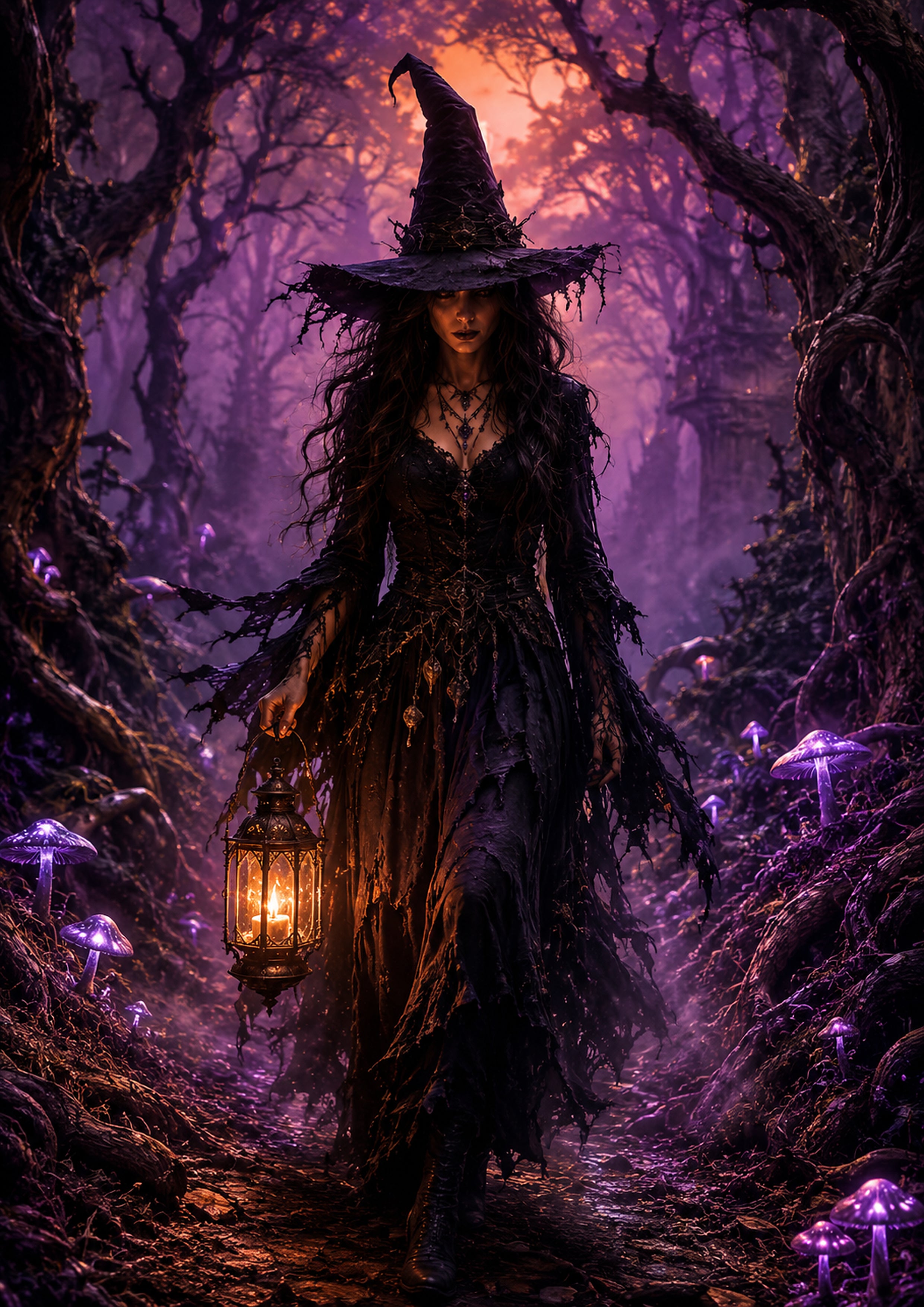 The Witch of the Violet Mushroom Wood Halloween and gothic horror wall print by PosterMe.shop
