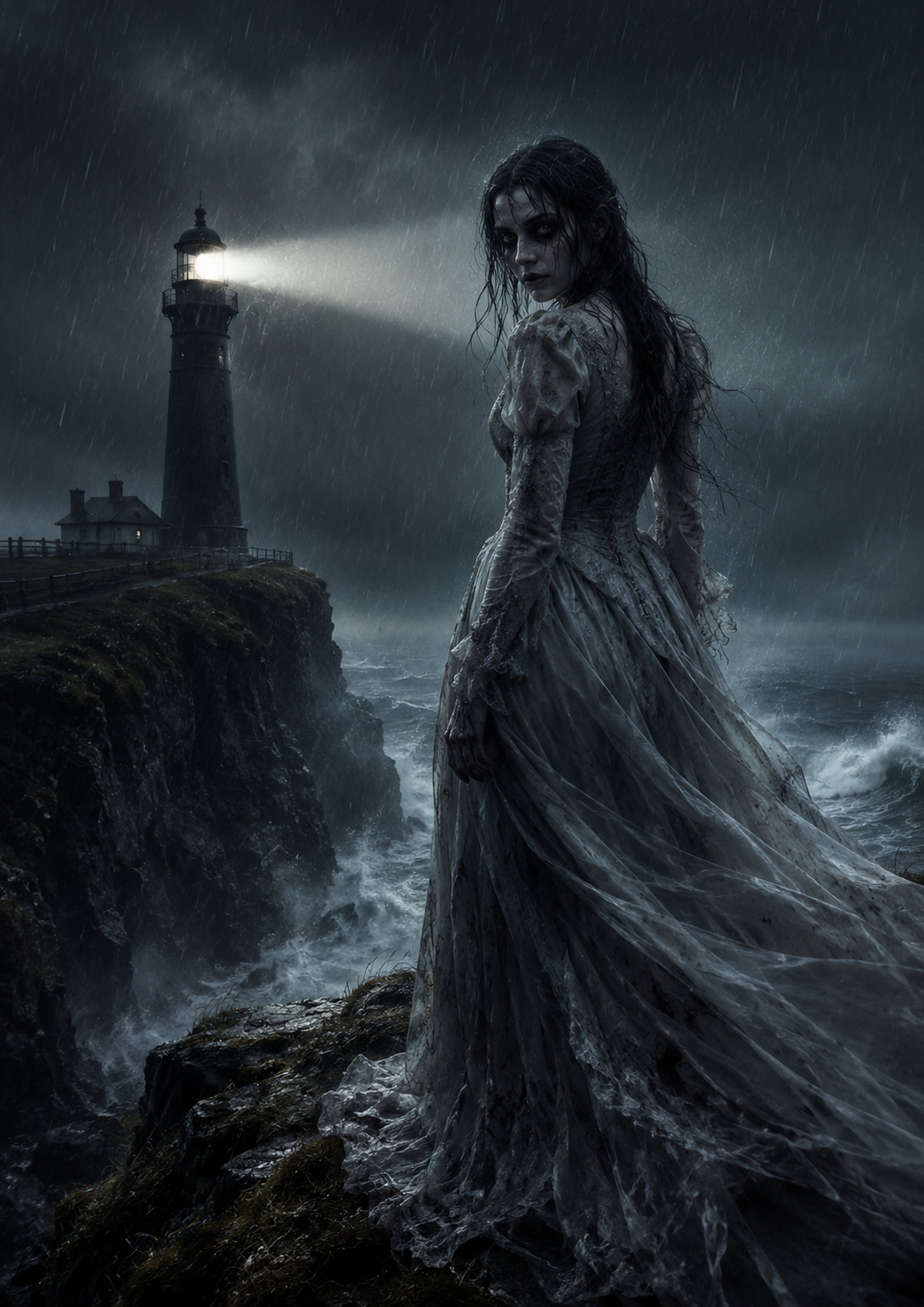 The Lighthouse Widow of Stormbreak Cliff Halloween and gothic horror wall print by PosterMe.shop