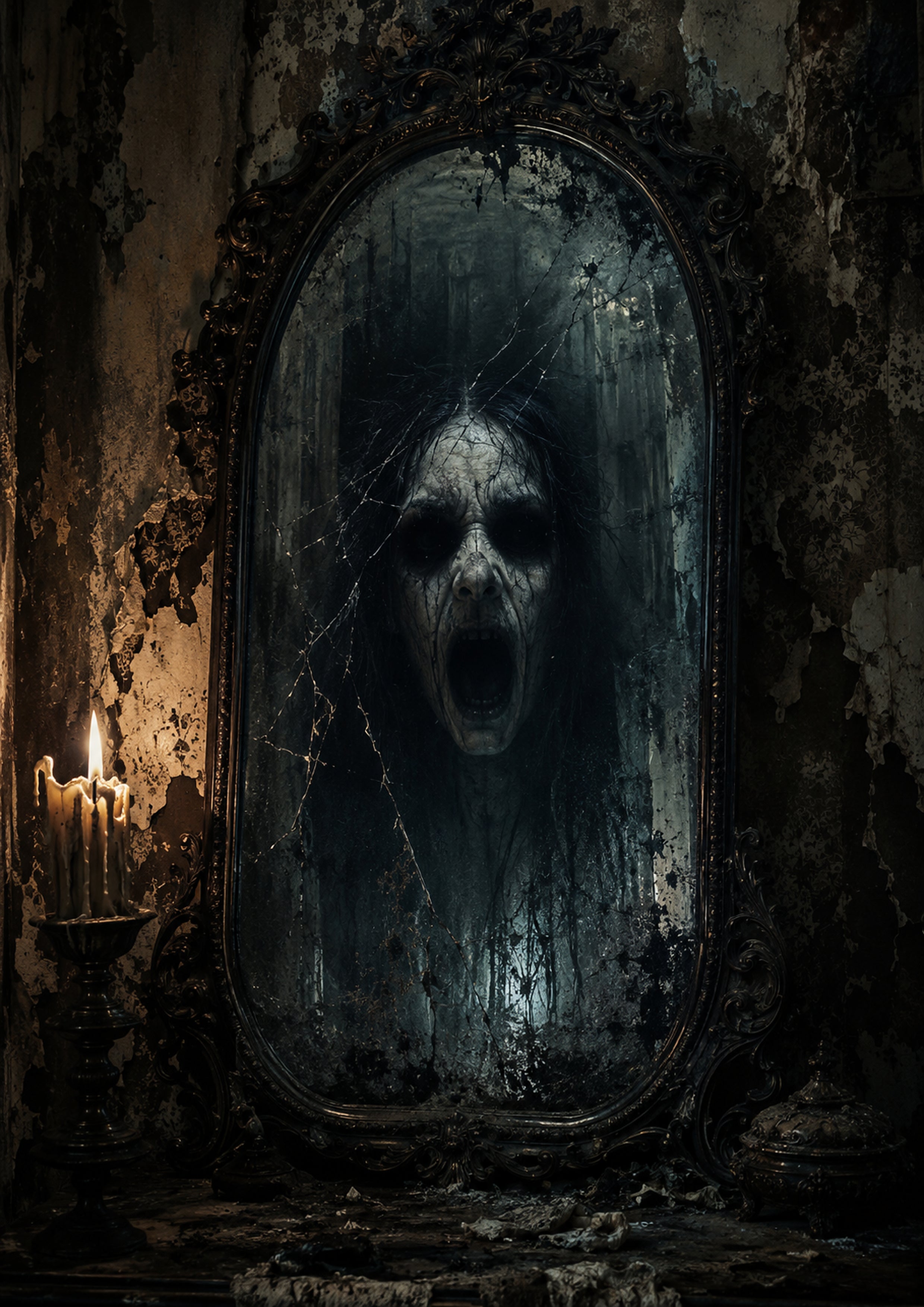 The Screaming Reflection in the Broken Glass Halloween and gothic horror wall print by PosterMe.shop