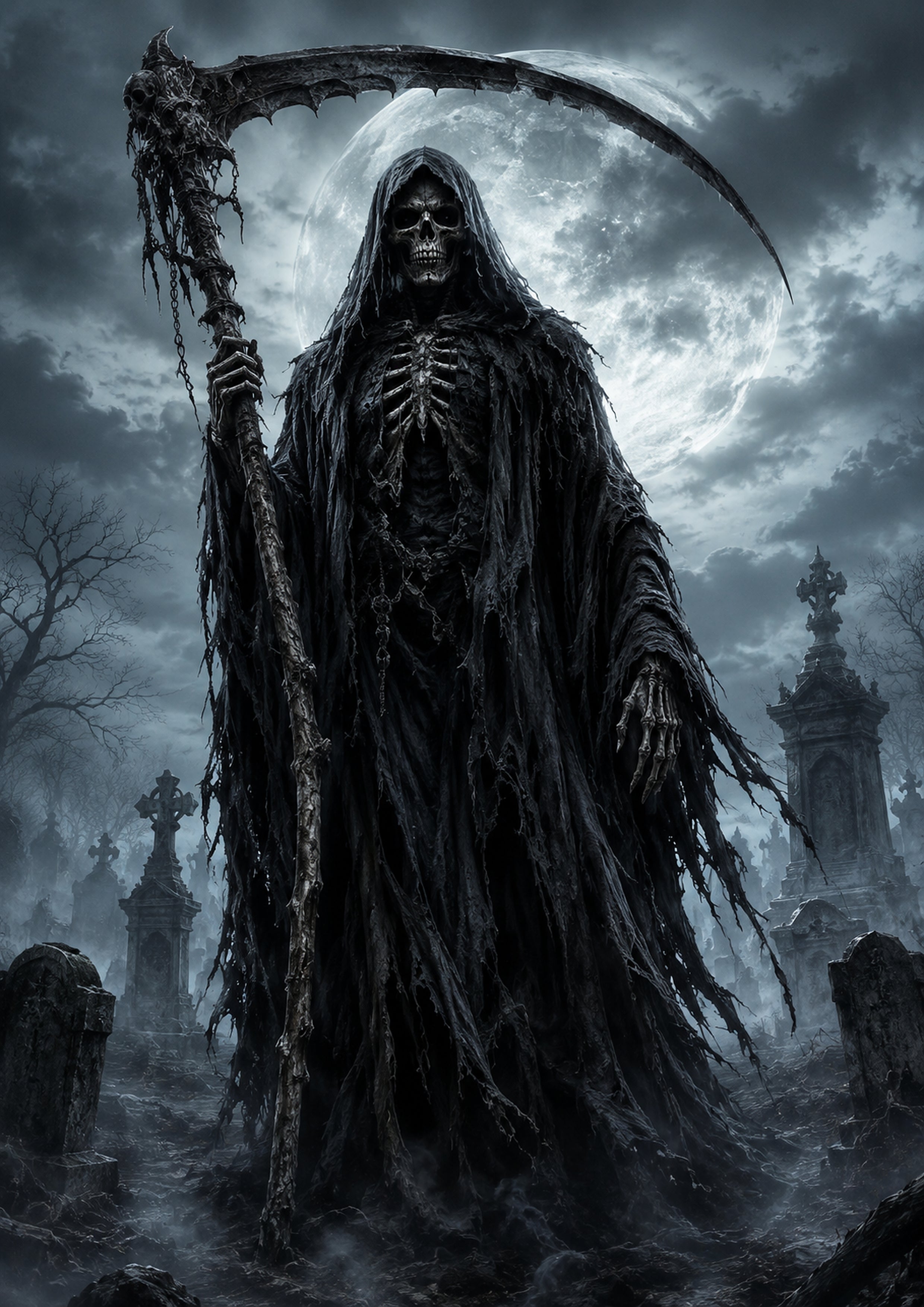 The Reaper beneath the Silver Moon Halloween and gothic horror wall print by PosterMe.shop