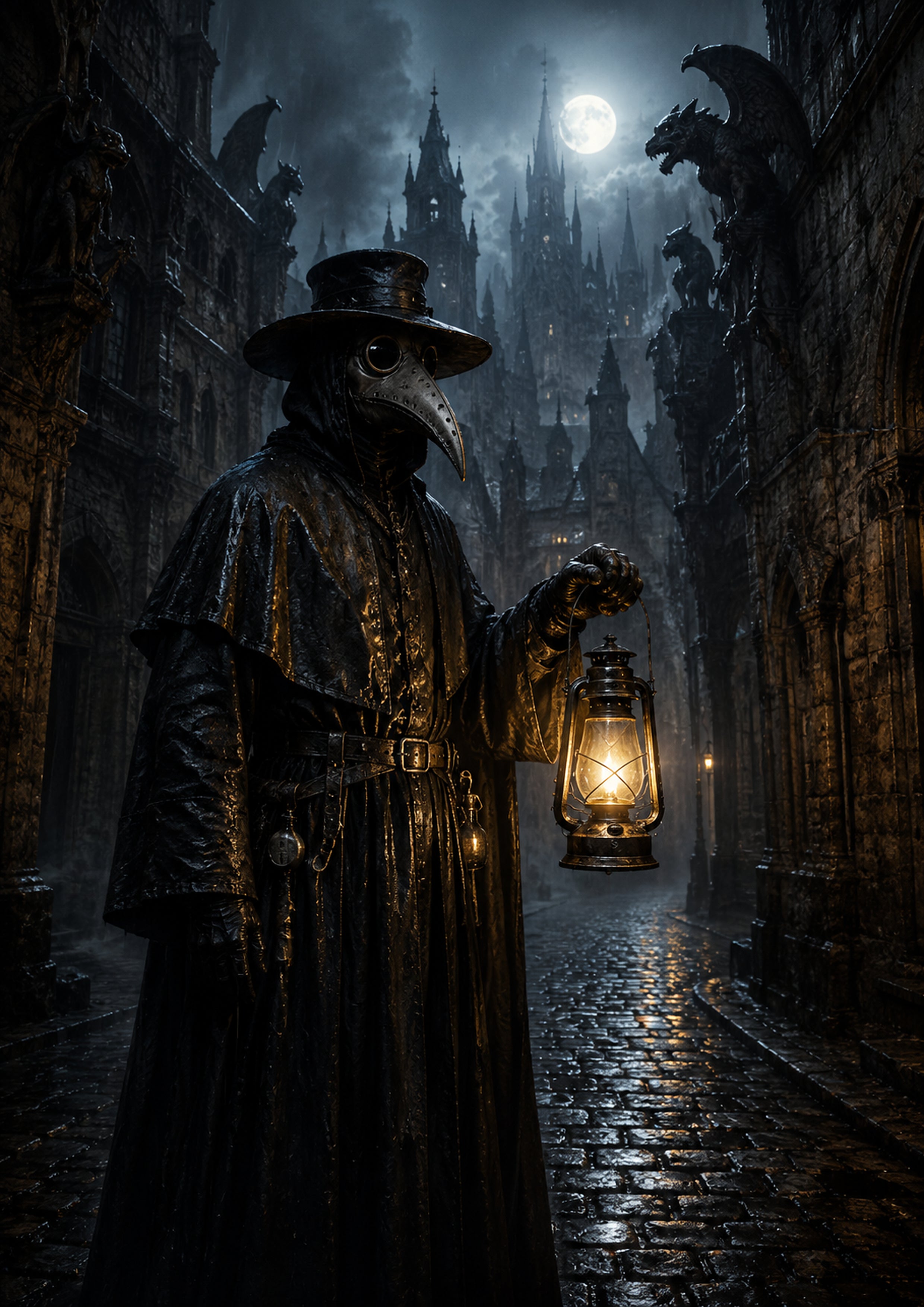 The Plague Doctor beneath the Gargoyles Halloween and gothic horror wall print by PosterMe.shop
