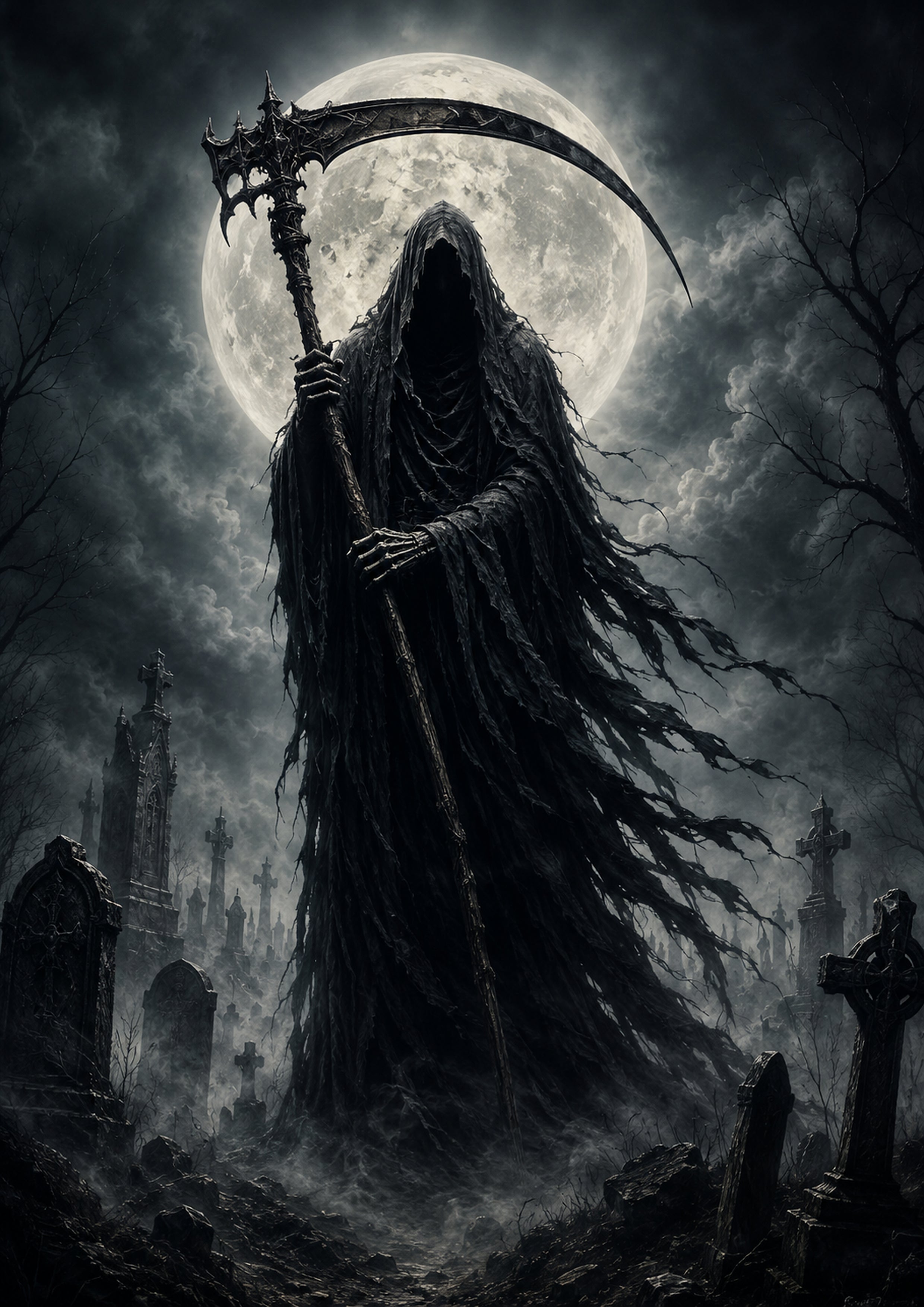 The Faceless Reaper of the Moonlit Graveyard Halloween and gothic horror wall print by PosterMe.shop