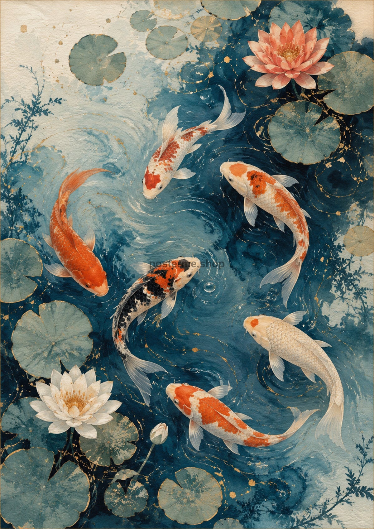 Serene Koi Pond with Lily Pads Japanese-inspired art print by towelme