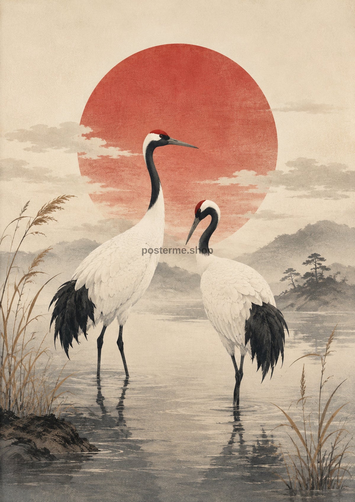 Graceful Cranes at Sunrise Japanese-inspired art print by towelme