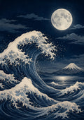 Moonlit Waves and Distant Mountains Japanese-inspired art print by towelme