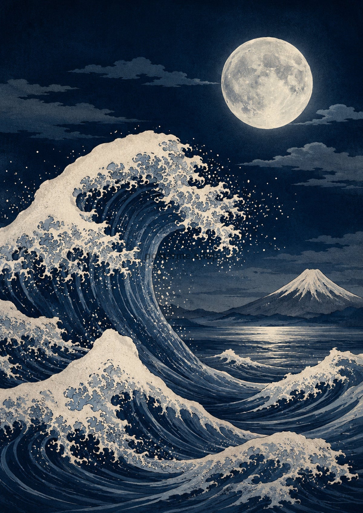 Moonlit Waves and Distant Mountains Japanese-inspired art print by towelme