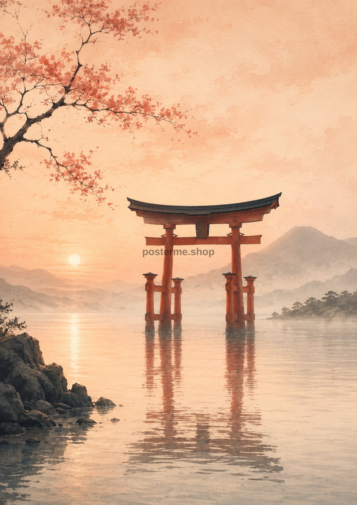 Serene Lake with a Torii Gate Japanese-inspired art print by towelme