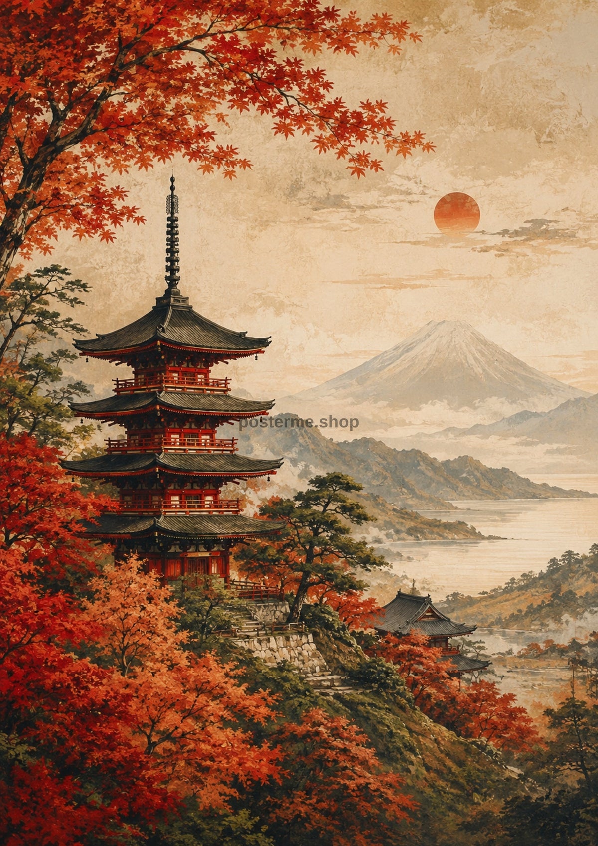 Autumn Temple among Misty Mountains Japanese-inspired art print by towelme