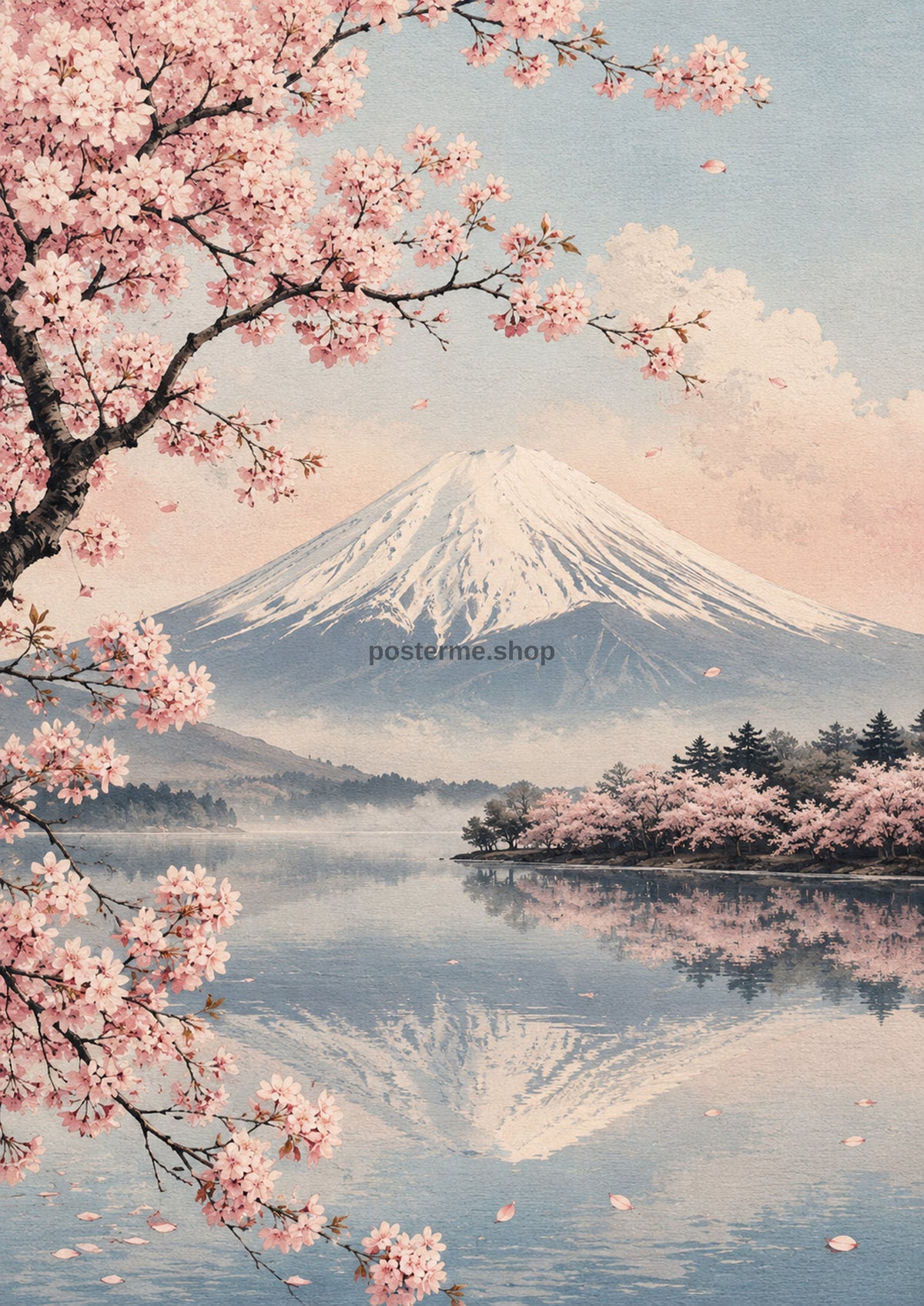 Cherry Blossoms beside a Serene Lake Japanese-inspired art print by towelme