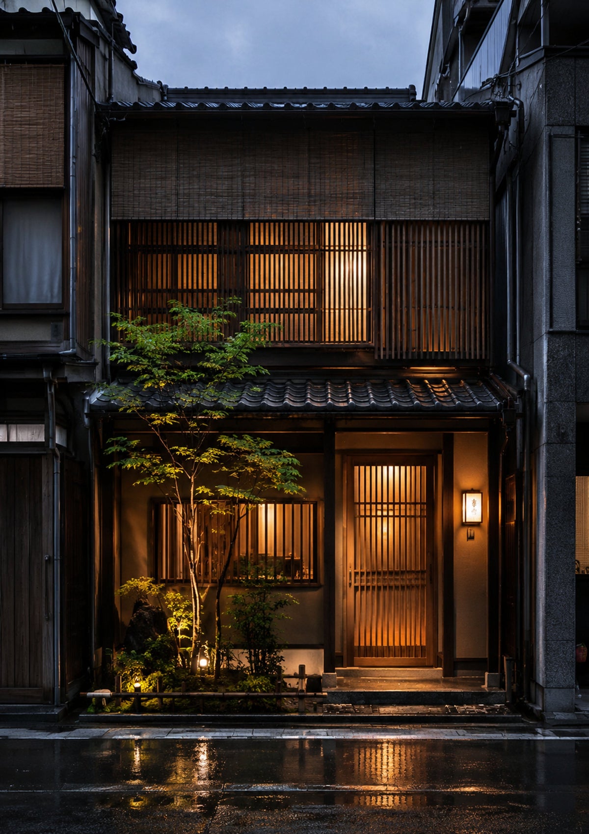 Rainy Evening at a Traditional Townhouse Japanese-inspired art print by towelme