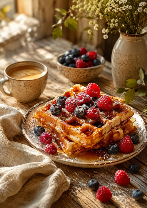 Belgian Waffles with Berries and Coffee food and kitchen wall print by PosterMe.shop