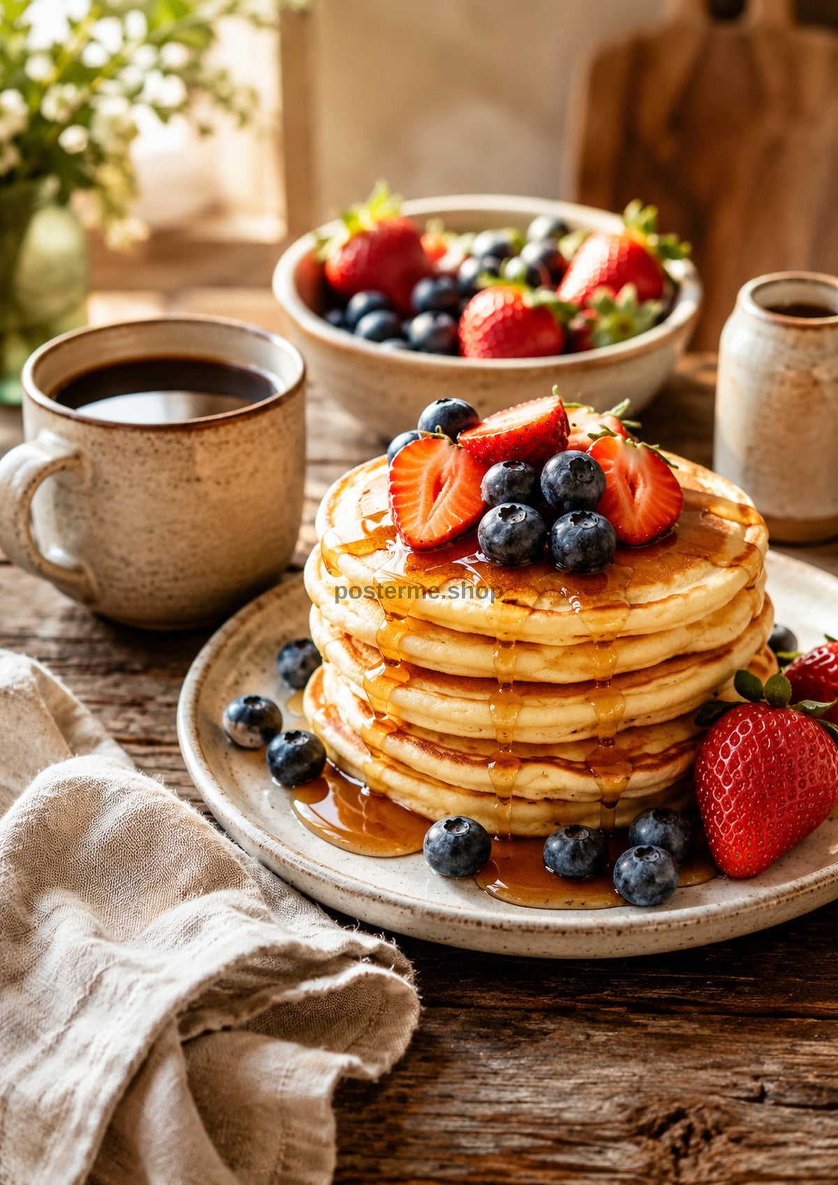 Buttermilk Pancakes with Summer Berries food and kitchen wall print by PosterMe.shop