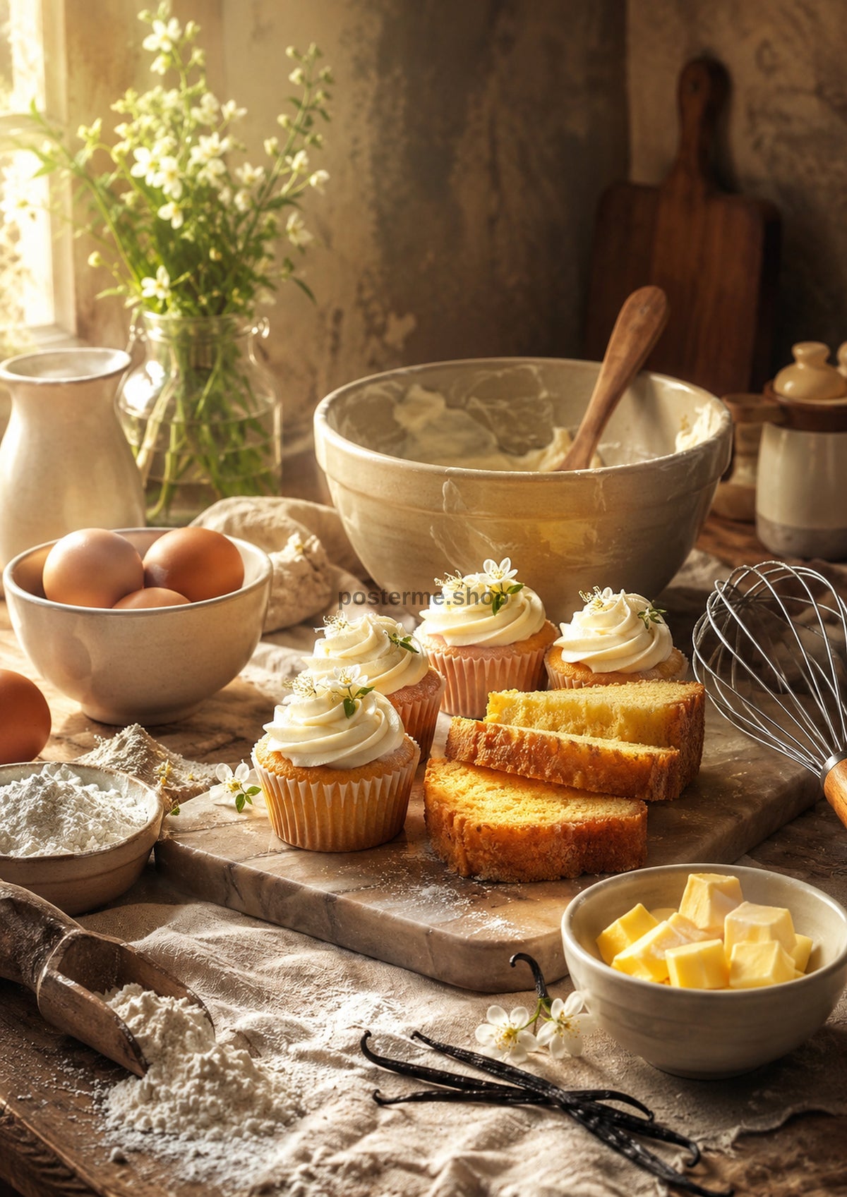 Country Kitchen Vanilla Baking Table food and kitchen wall print by PosterMe.shop