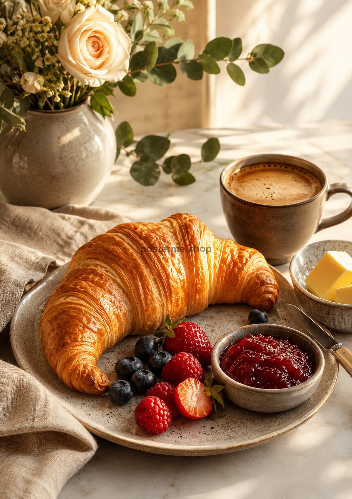 Golden Croissant with Berries and Coffee food and kitchen wall print by PosterMe.shop