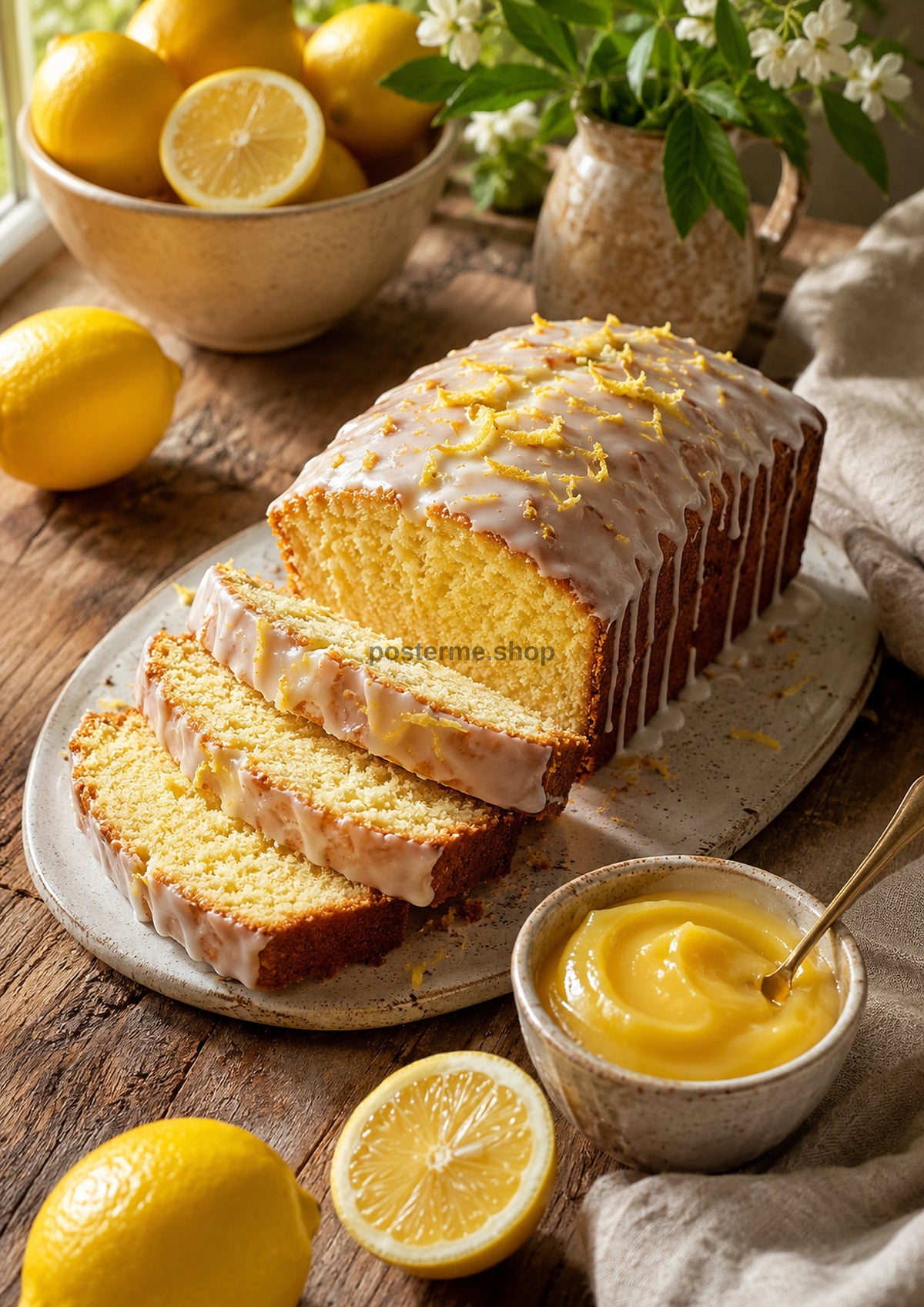Lemon Drizzle Loaf in Rustic Sunlight food and kitchen wall print by PosterMe.shop