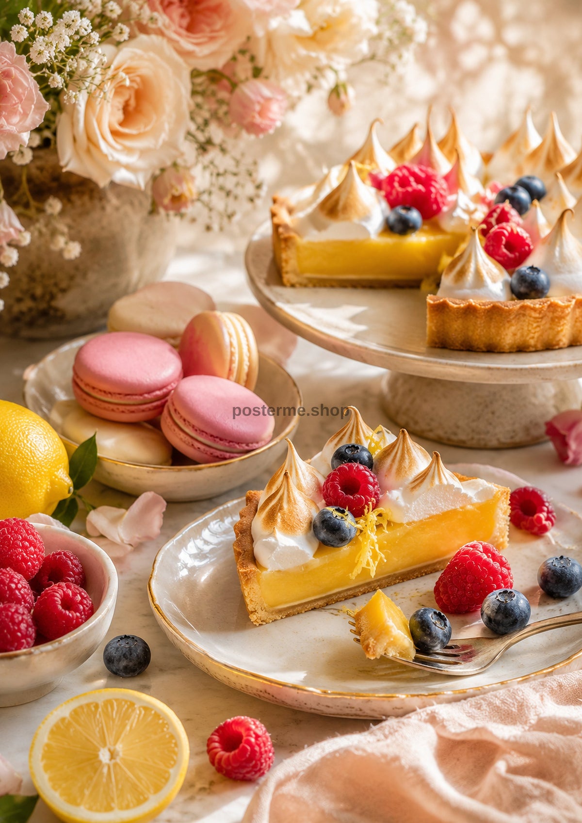 Lemon Meringue Tart and Macaron Tea Table food and kitchen wall print by PosterMe.shop