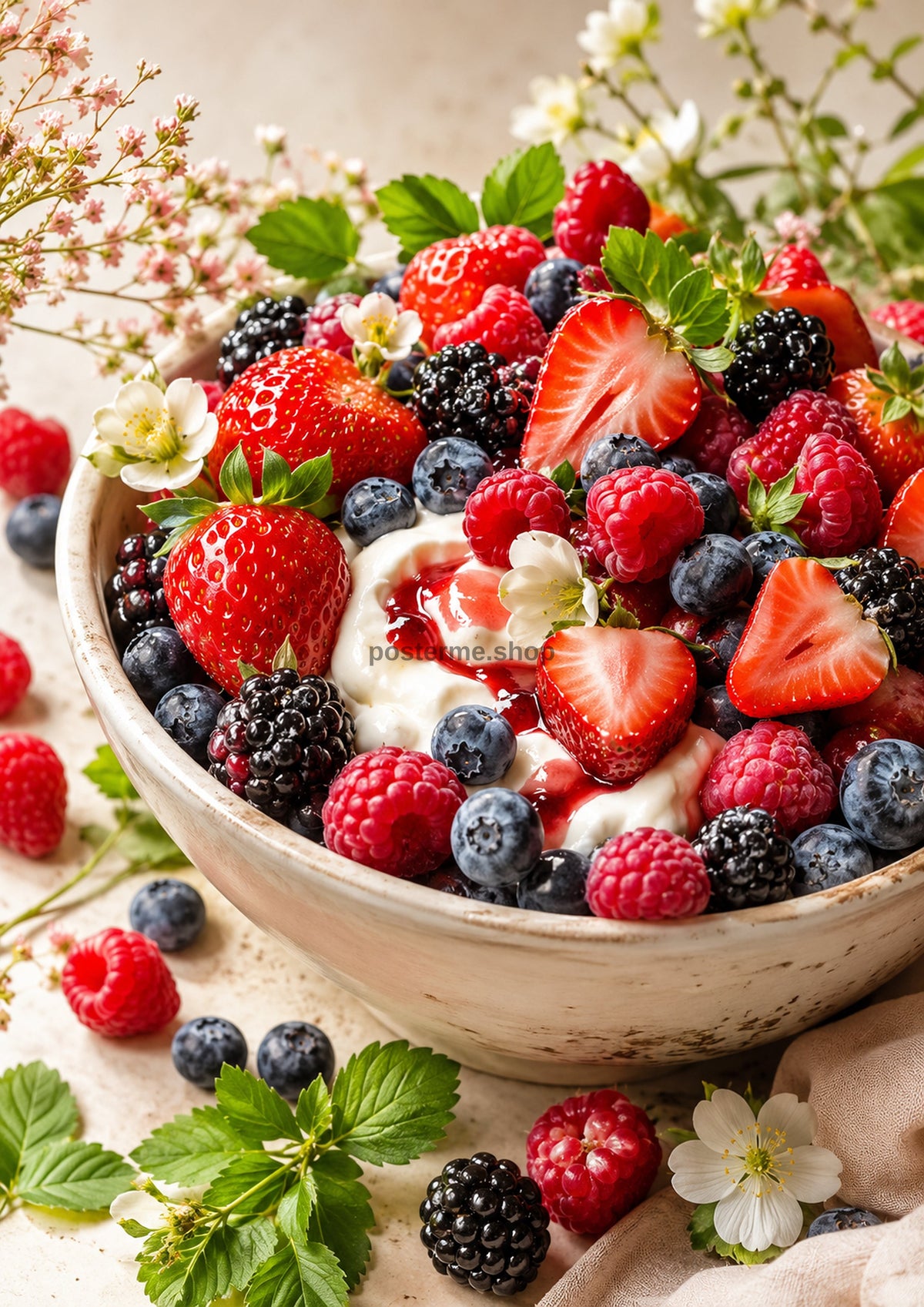 Summer Berries and Cream Breakfast Bowl food and kitchen wall print by PosterMe.shop
