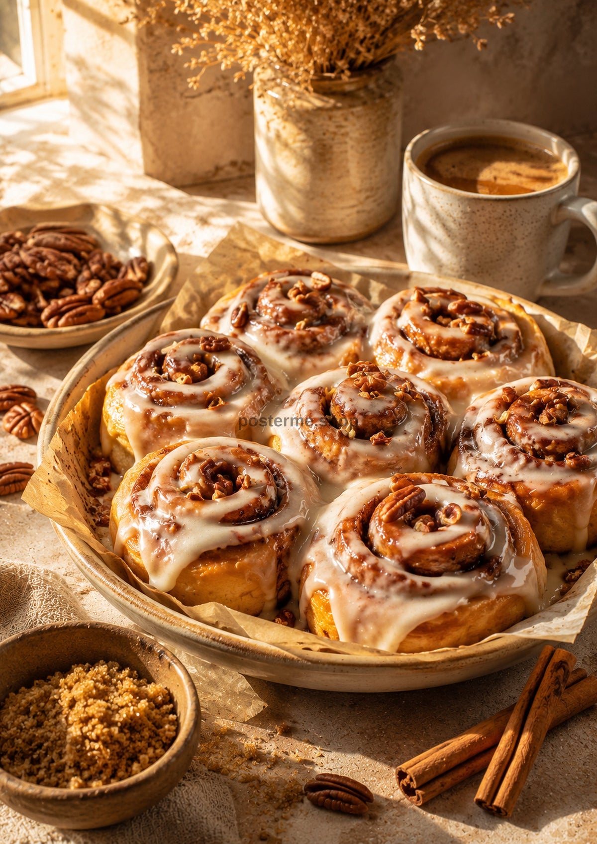 Warm Cinnamon Rolls with Pecan Glaze food and kitchen wall print by PosterMe.shop