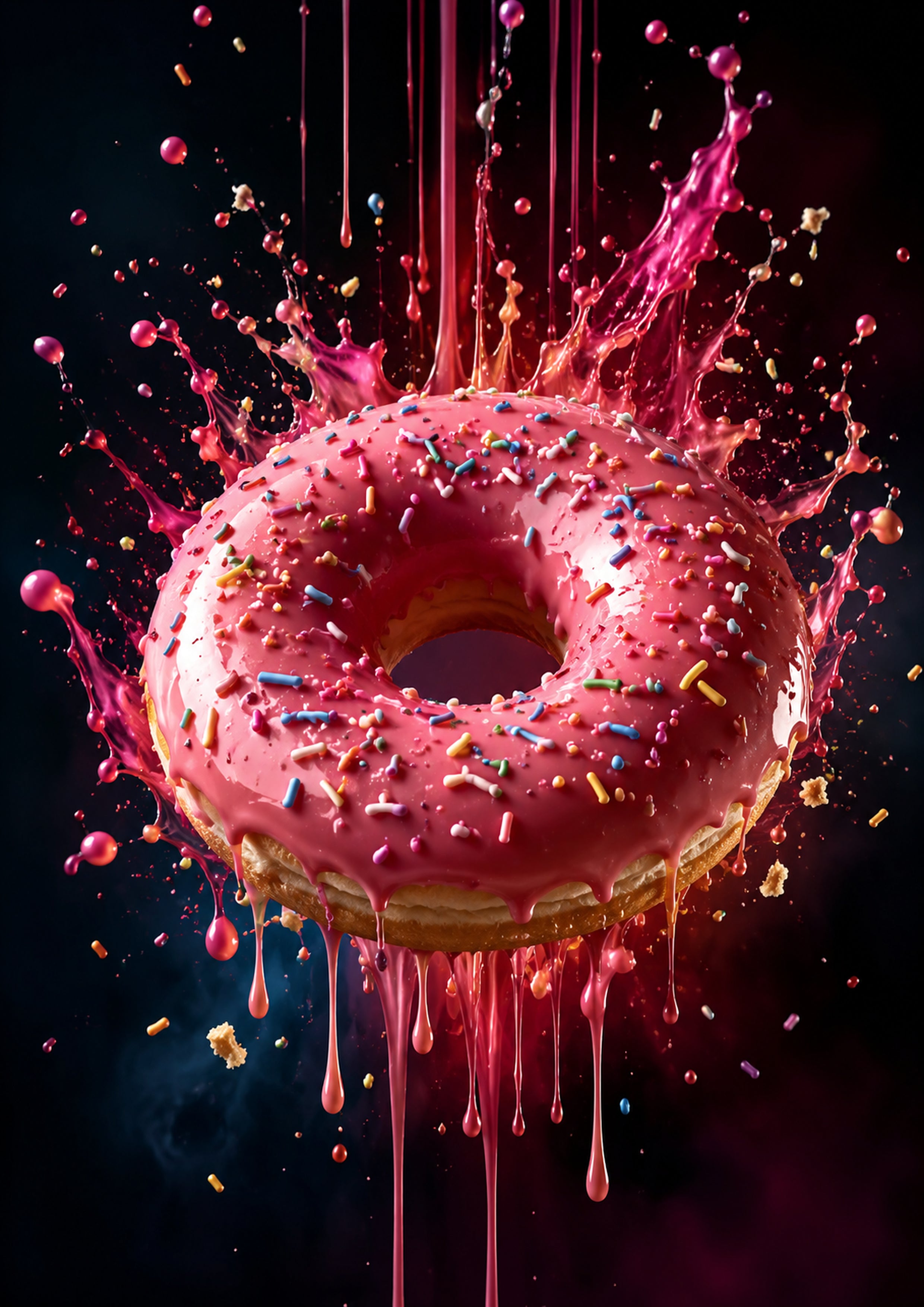 Pink Iced Doughnut Explosion dessert and bakery kitchen wall print by PosterMe.shop