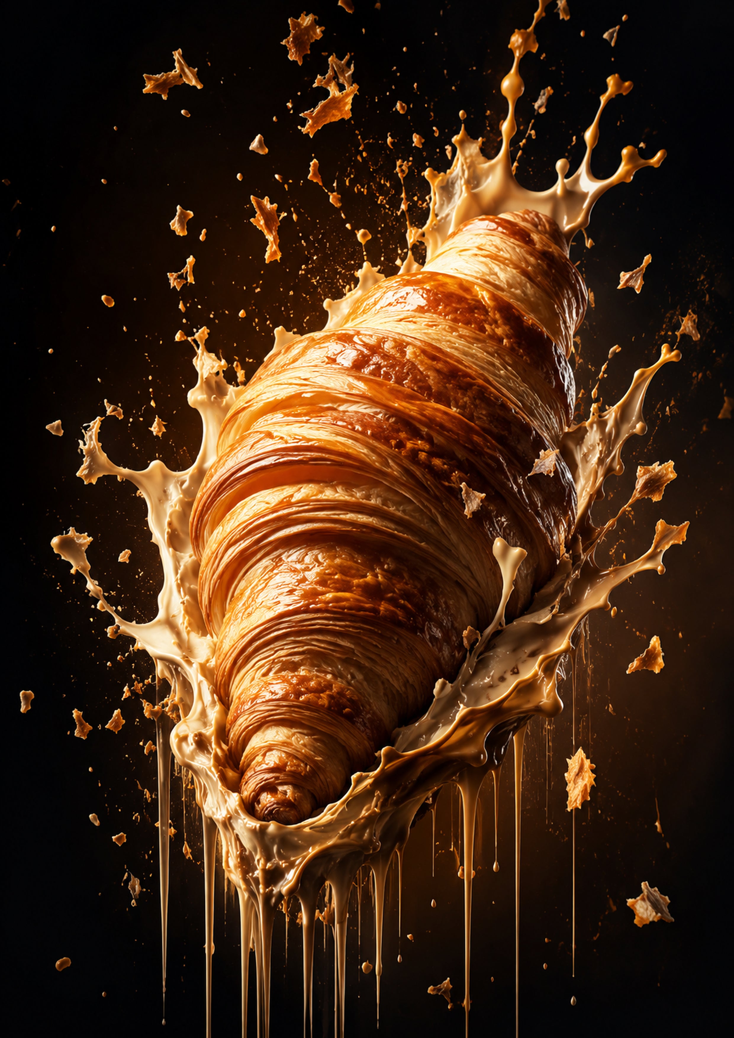 Golden Butter Croissant Splash dessert and bakery kitchen wall print by PosterMe.shop