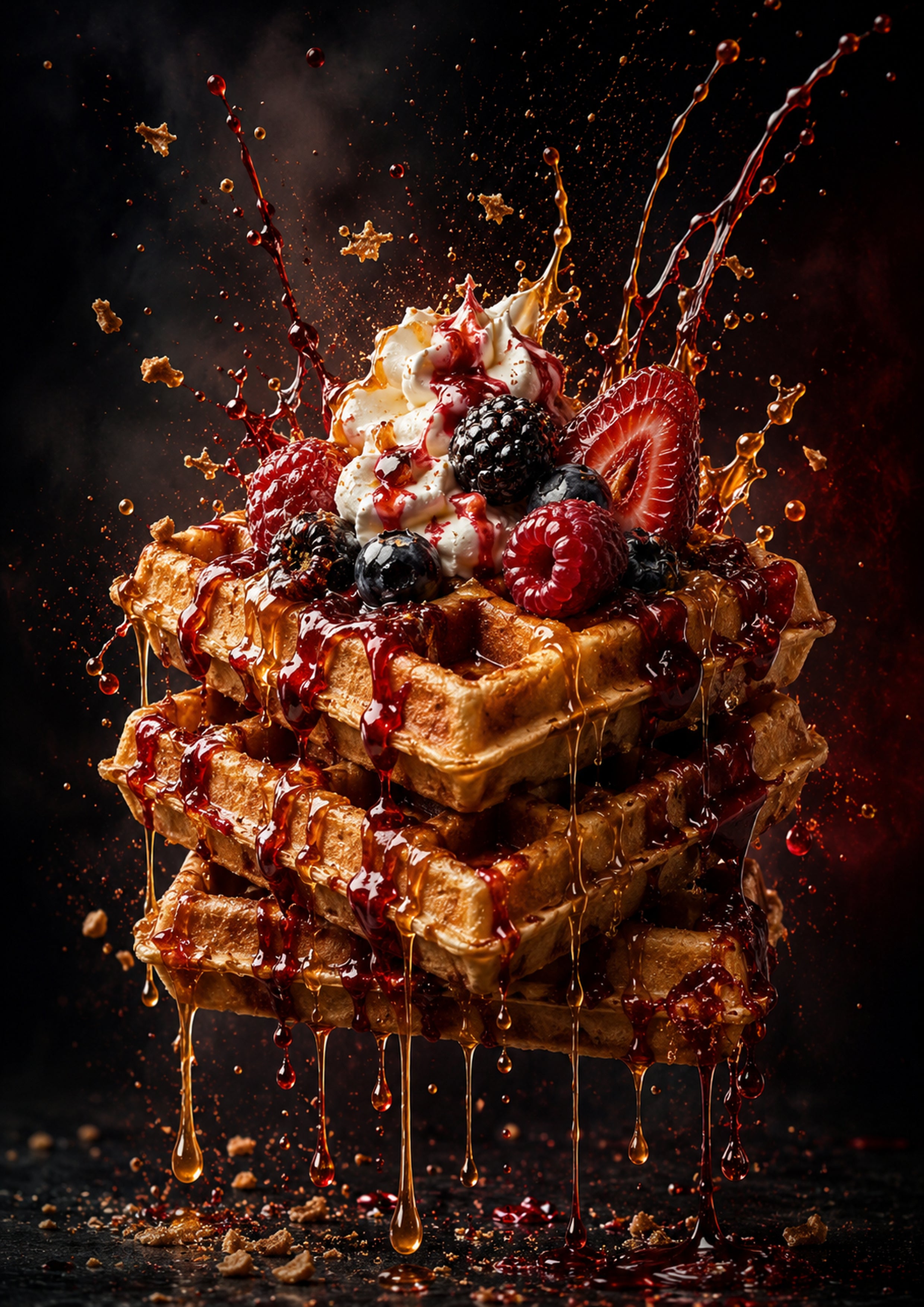 Berry Belgian Waffle Explosion dessert and bakery kitchen wall print by PosterMe.shop