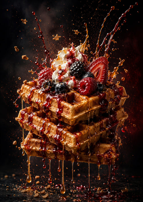 Berry Belgian Waffle Explosion dessert and bakery kitchen wall print by PosterMe.shop