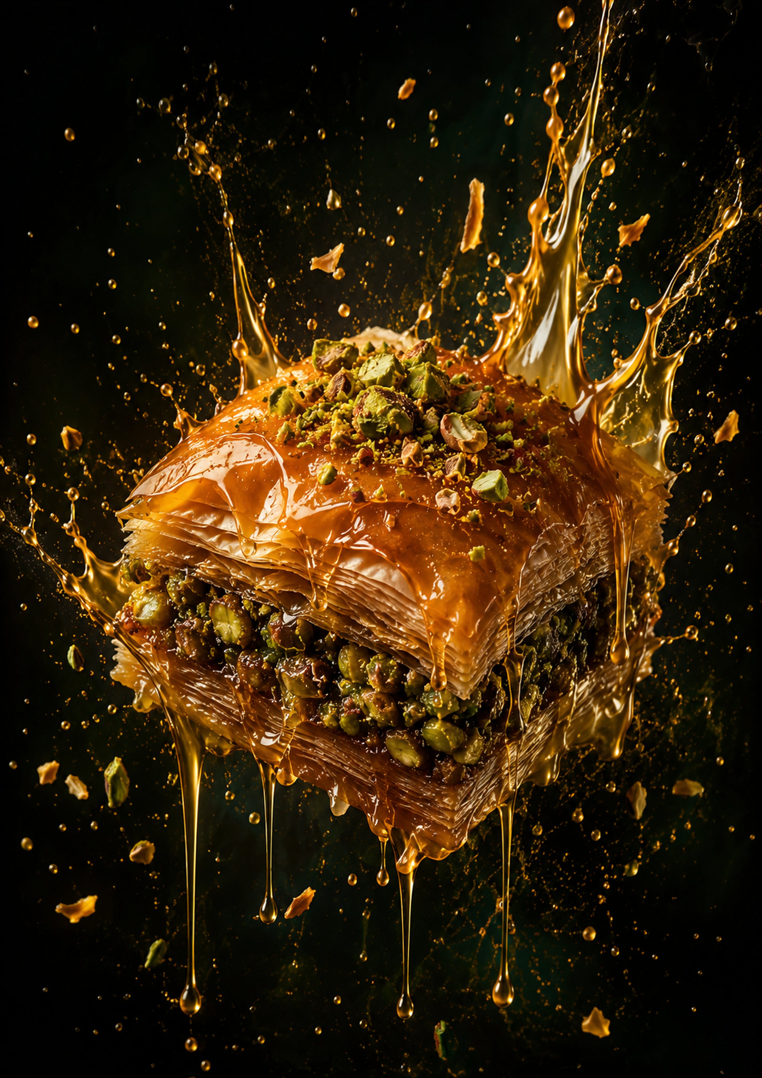 Pistachio Baklava Honey Splash dessert and bakery kitchen wall print by PosterMe.shop