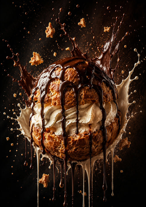 Chocolate Profiterole Cream Burst dessert and bakery kitchen wall print by PosterMe.shop