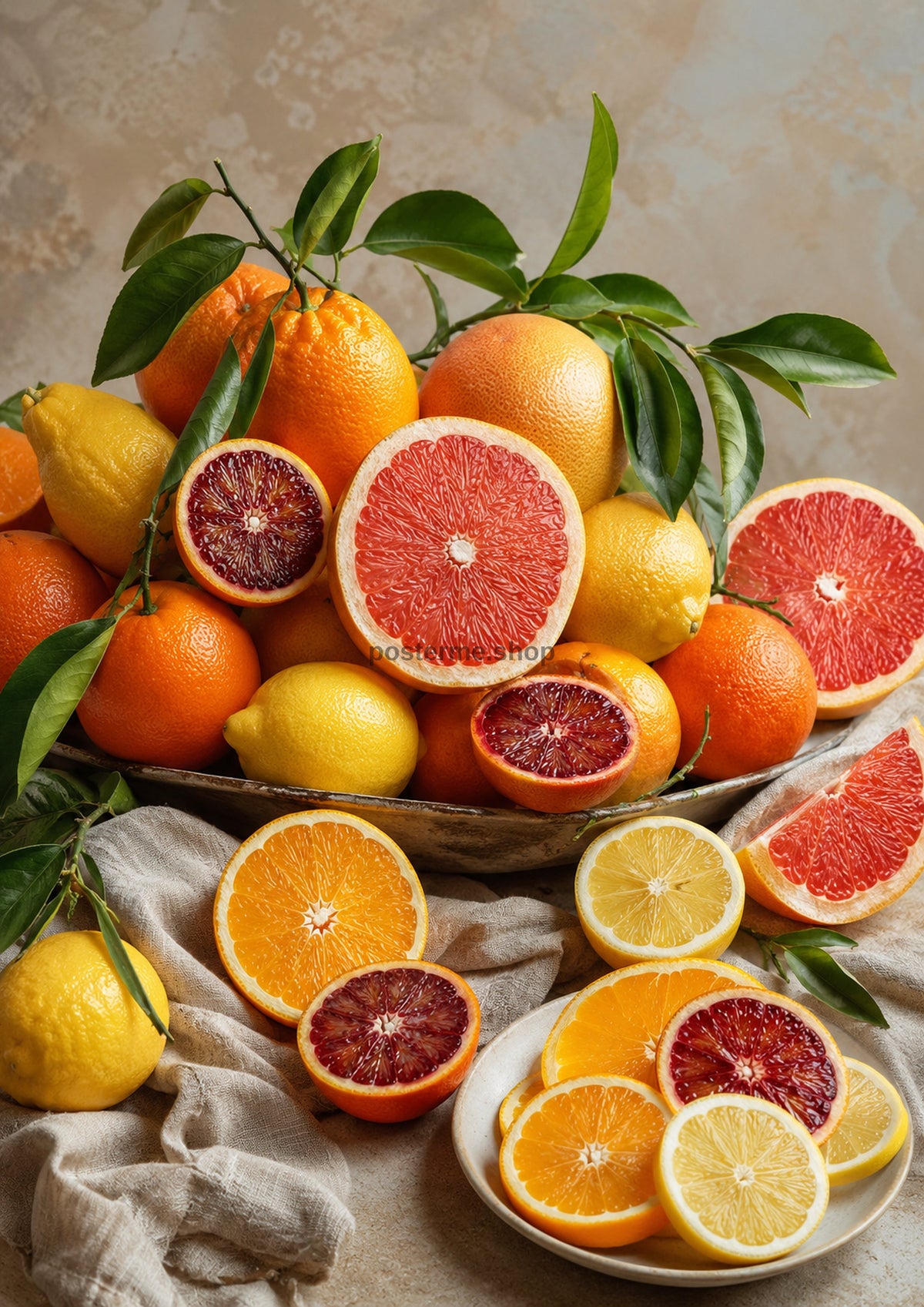 Citrus Harvest on Natural Linen food and kitchen wall print by PosterMe.shop