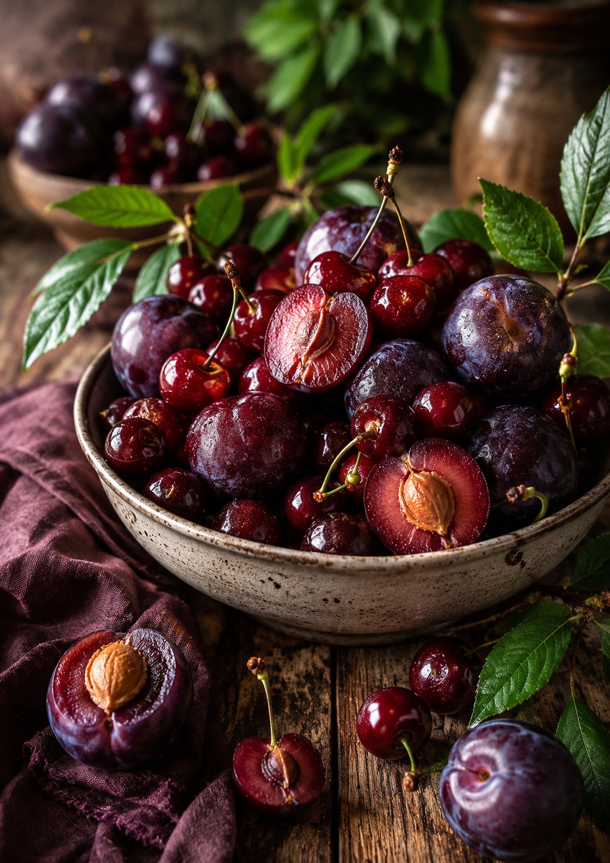 Deep Red Plums and Cherries Harvest food and kitchen wall print by PosterMe.shop