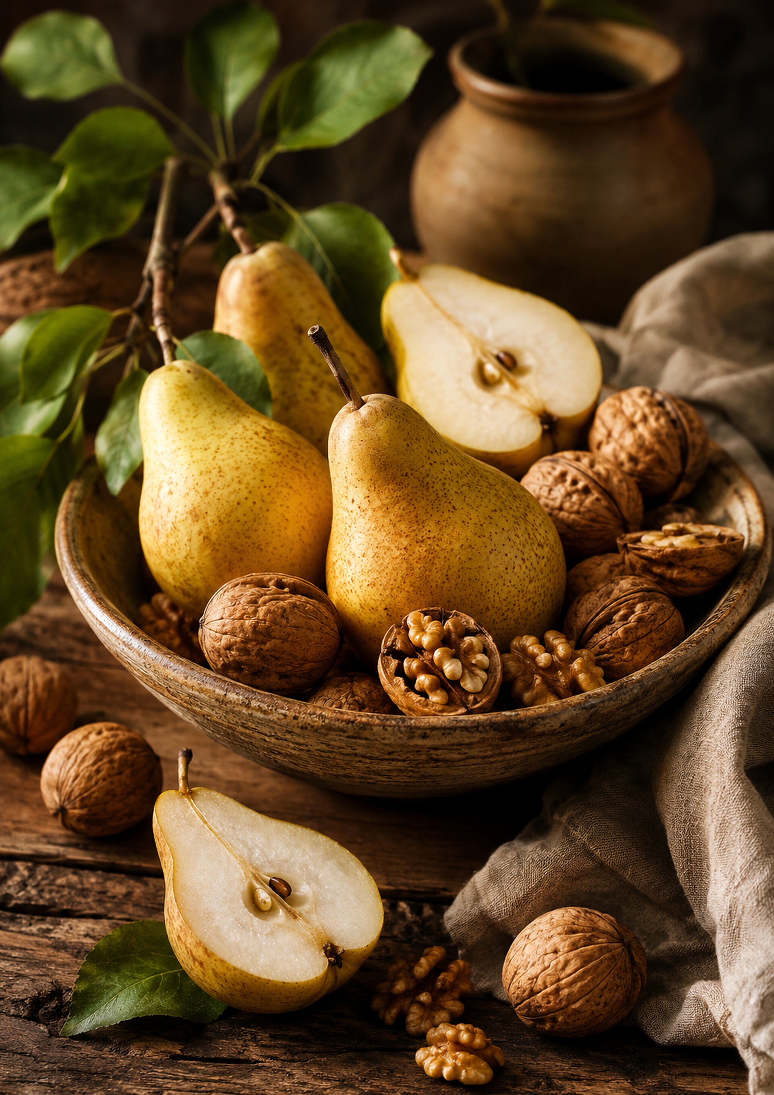 Golden Pears and Walnuts in Autumn Light food and kitchen wall print by PosterMe.shop
