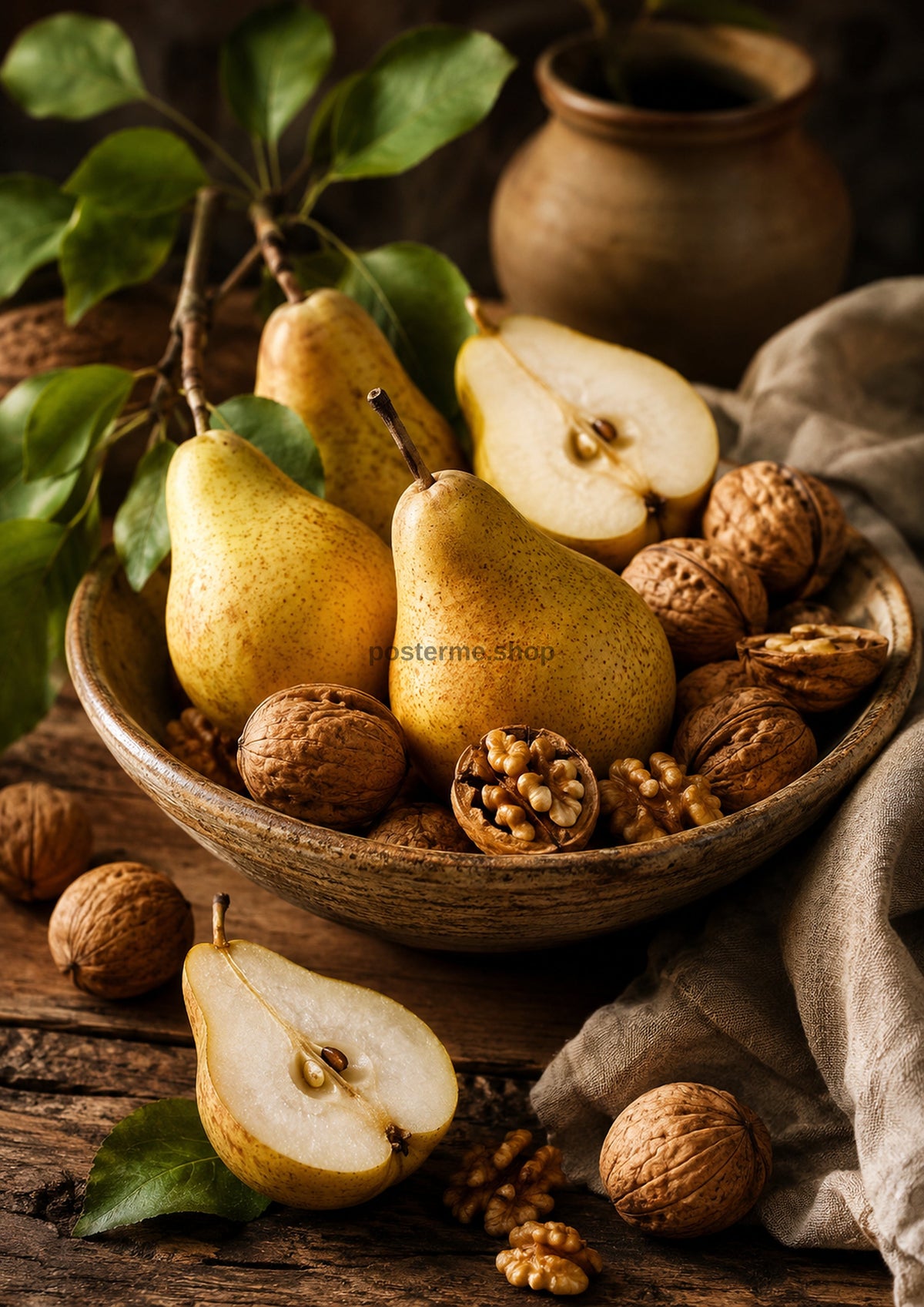 Golden Pears and Walnuts in Autumn Light food and kitchen wall print by PosterMe.shop