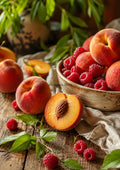 Peaches and Raspberries in Summer Light food and kitchen wall print by PosterMe.shop